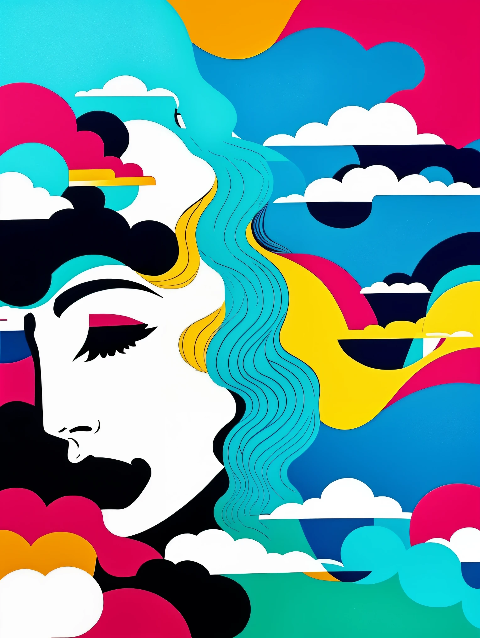 1 girl，Abstract，surreal colors，Fashion，geometry，Surrealism，rainbow，paper cutting，clouds，Light blue sky，paper hair