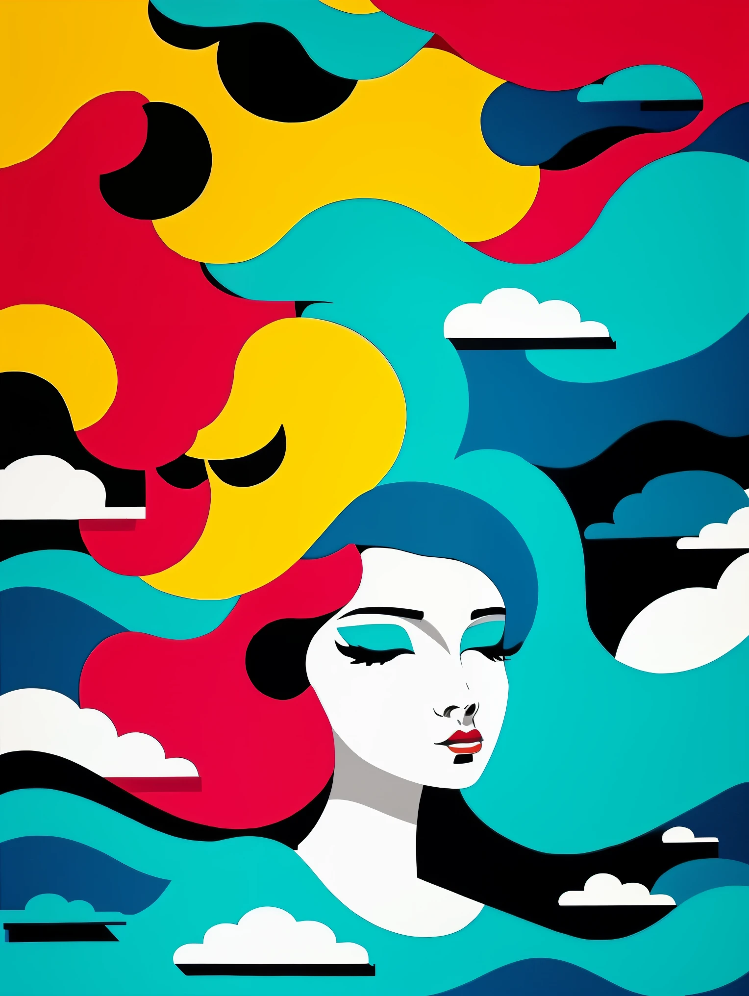 1 girl，Abstract，surreal colors，Fashion，geometry，Surrealism，rainbow，paper cutting，clouds，Light blue sky，paper hair