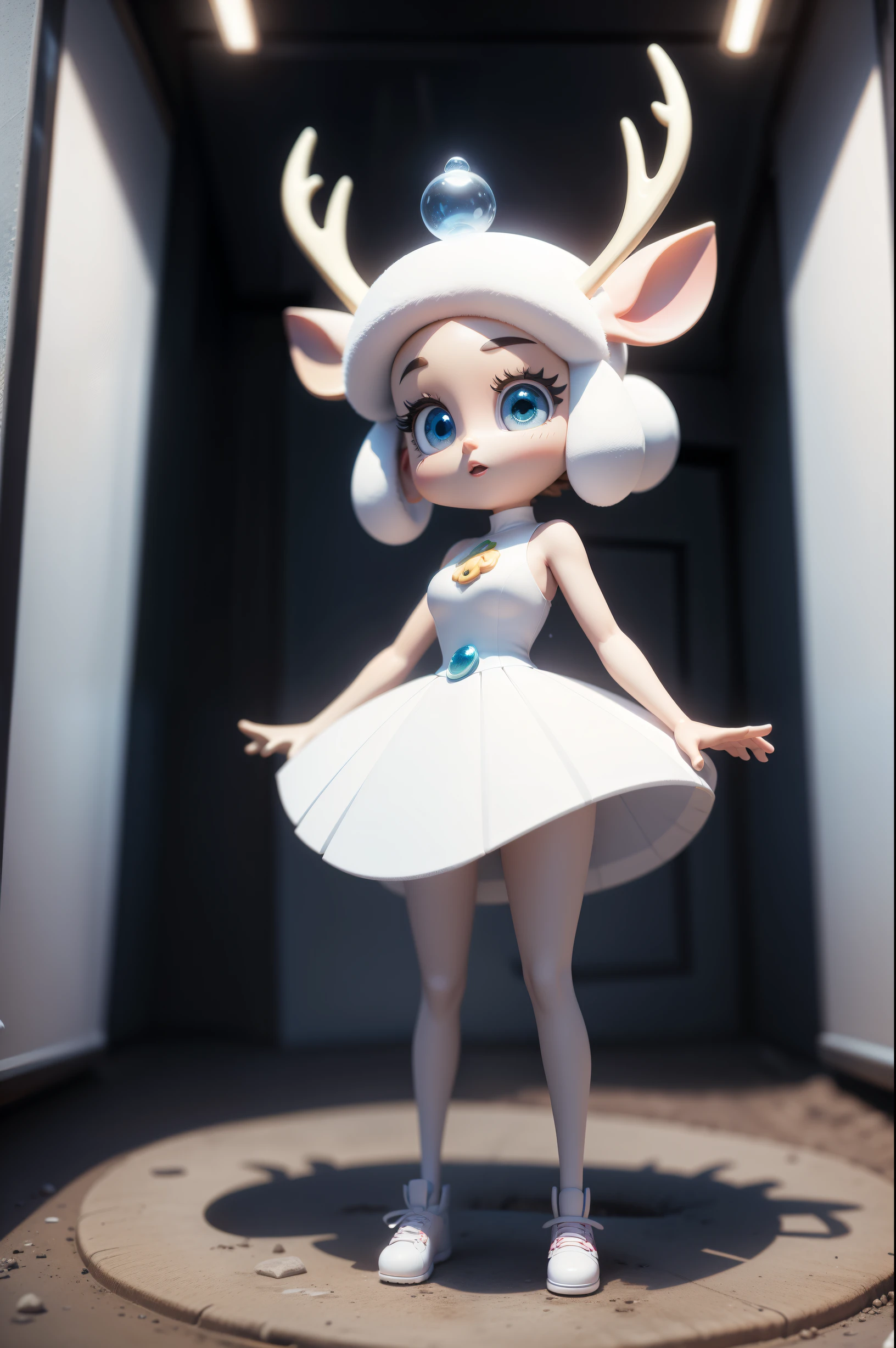 Cartoon IP image，3D modeling rendering effects，Datouhe ，Bubble Mart style，The whole body is white，Have big eyes，There is a pair of antlers and deer ears on the head，stand up，positive view，4K