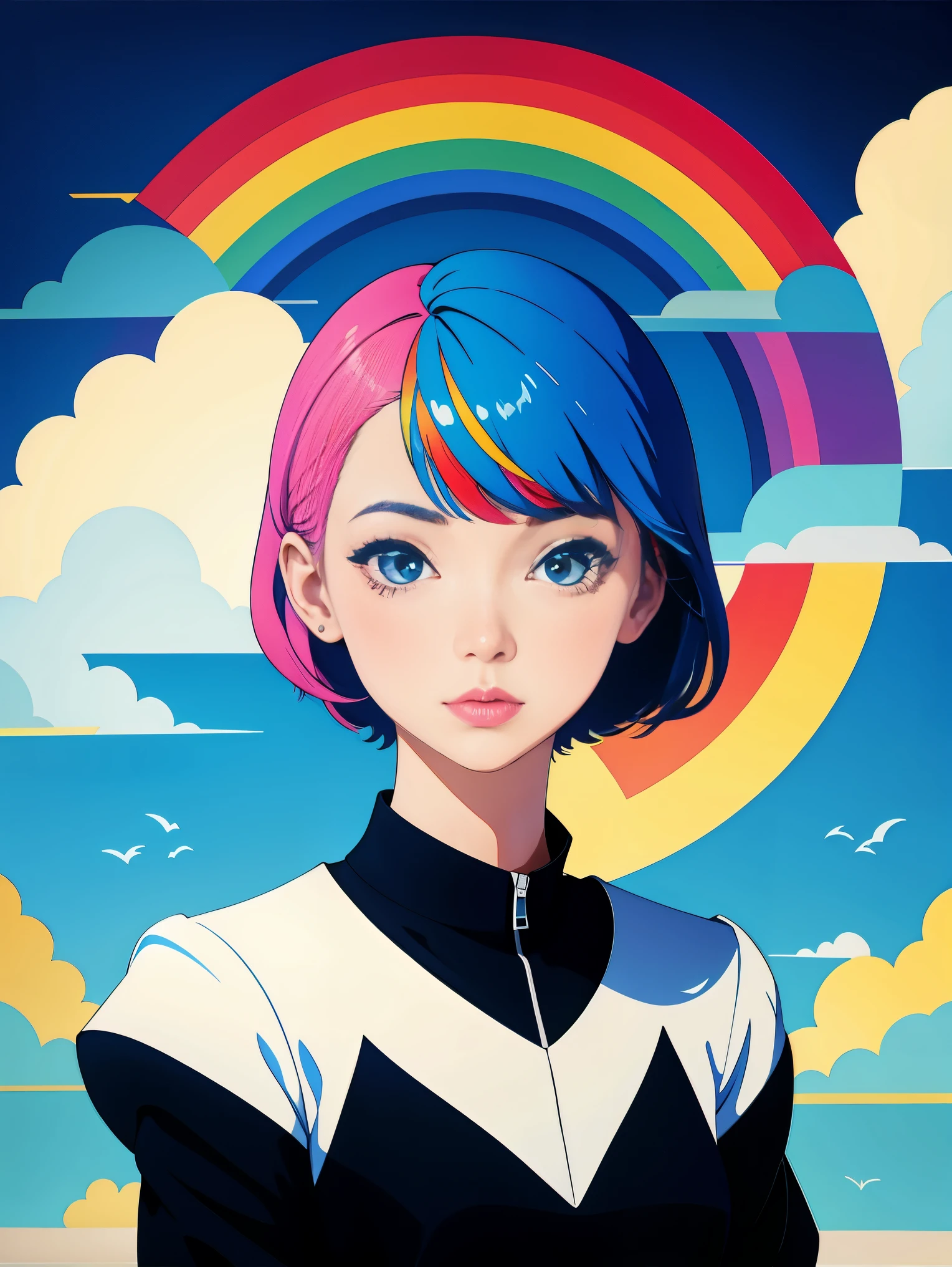 1 girl，Abstract surreal colors，Stylish Geometric Surrealism，rainbow，paper cutting，clouds，Light blue sky，paper hair