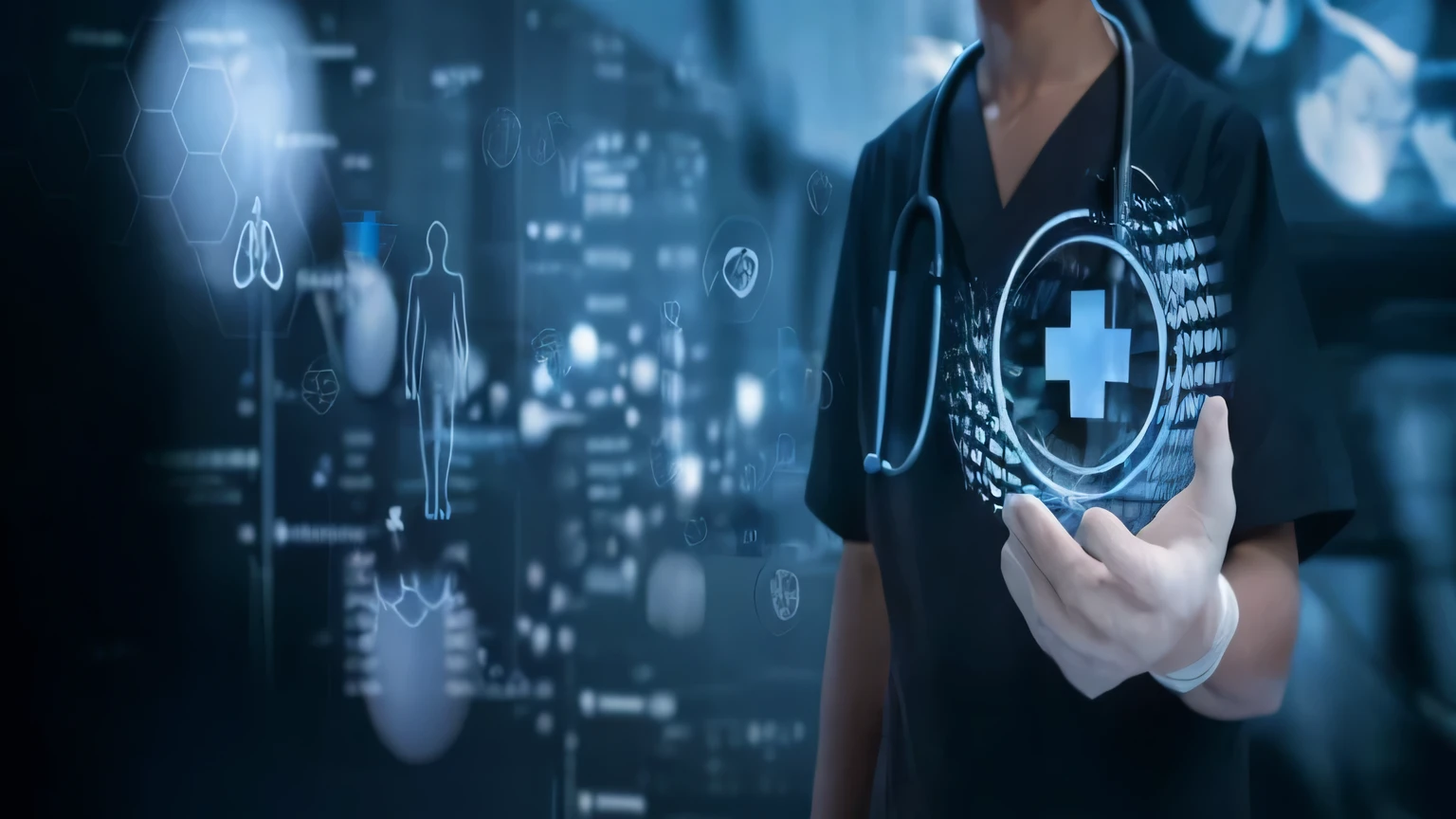 arafed image of a person in a black shirt holding a blue cross symbol, medical image, digital medical equipment, by Adam Marczyński, by Jeanna bauck, healthcare, digital health, by Meredith Dillman, by Sebastian Vrancx, on a dark background, by Emma Andijewska, diverse medical cybersuits, photo still