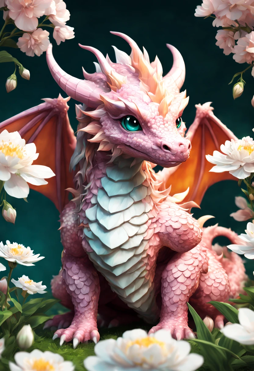 Cute fluffy pink dragon in a field of white flowers, 8k resolution concept art by Greg Rutkowski dynamic lighting hyperdetailed intricately detailed Splash art trending on Artstation triadic colors Unreal Engine 5 volumetric lighting Alphonse Mucha WLOP Jordan Grimmer orange and teal