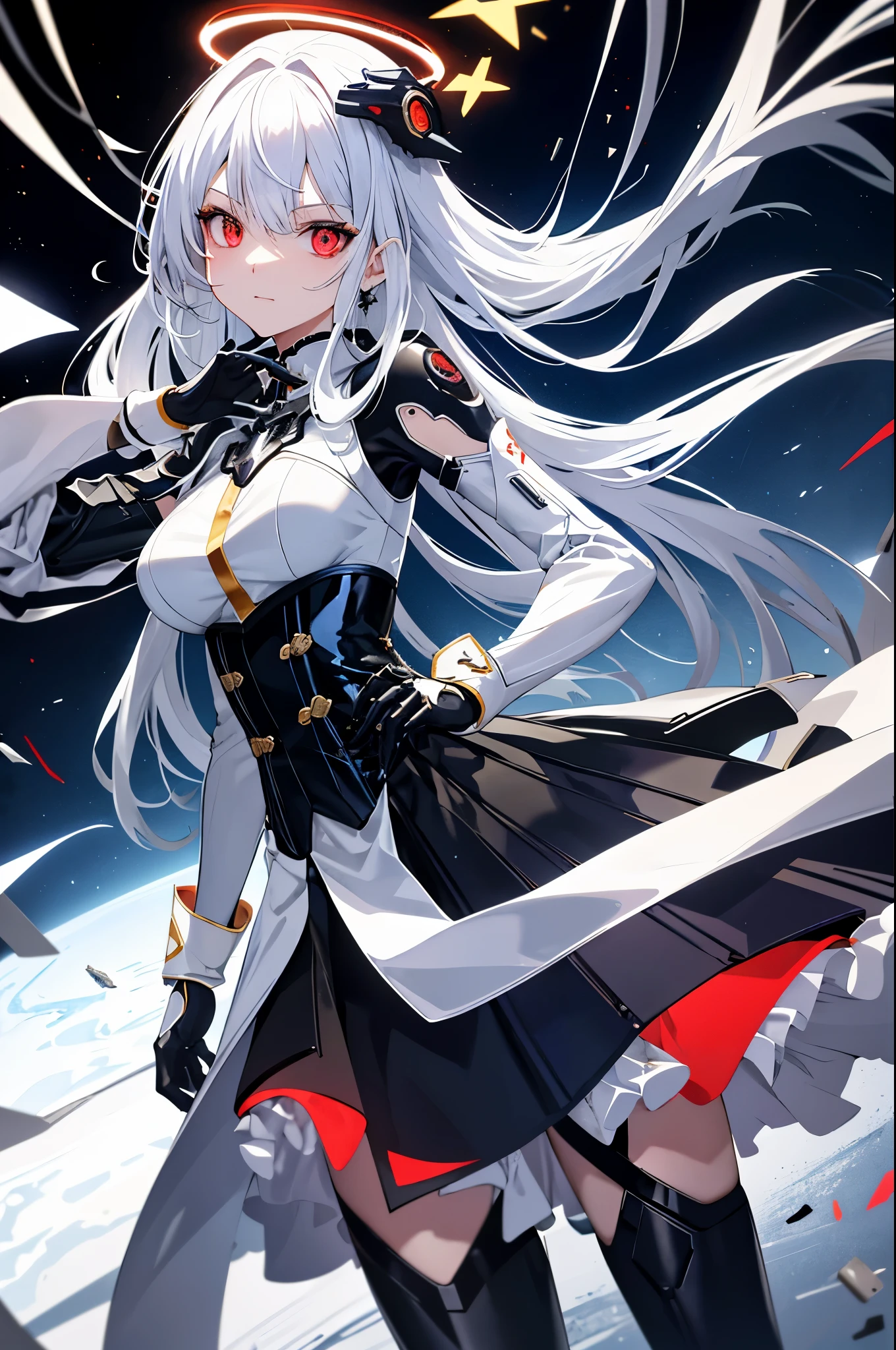 masterpiece,best quality,Super detailed,Very detailed的插图,Very detailed,intricate details,high resolution,超级intricate details,Very detailed 8k cg wallpaper,cowboy shooting, Caustics,reflection,Ray tracing,Demon Theme,nebula,dark aura,cyber effect, (1 girl:1.4),alone,alone,Mecha Maiden,Mechanical Parts, joint,single mechanical arm, hat, Mechanical Halo,Star Hello,Complex mechanical body suit, mecha corset,, Full A, very long hair,white hair, hair between eyes, colorful hair, Colored inner hair, red eyes,glowing eyes,line of sight, random expression,random action, White background