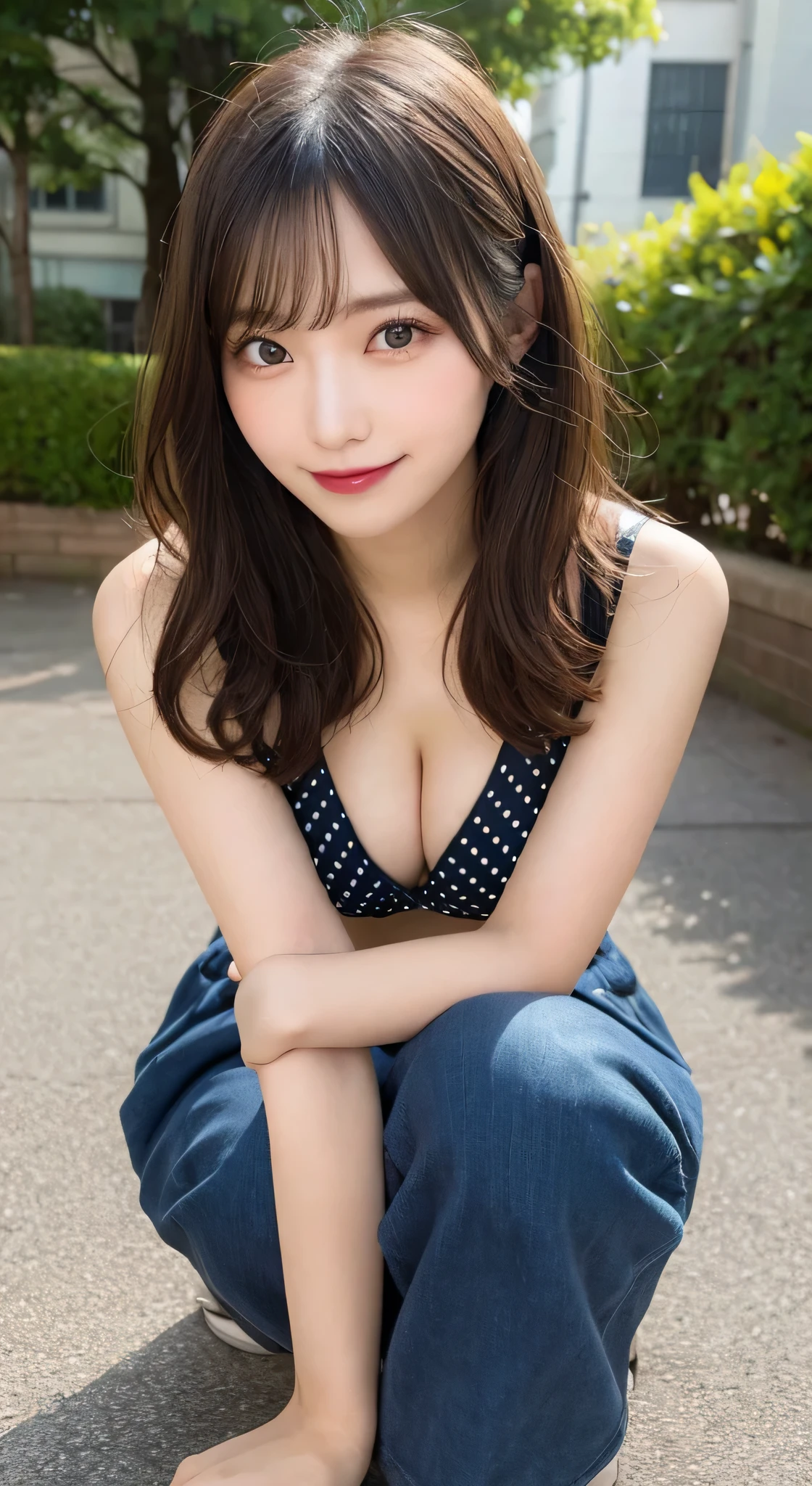 highest quality, shape, Super detailed, finely, High resolution, 8k wallpaper, 完璧なダイナミックな構shape, beautiful and detailed eyes, polka dot bikini,medium hair,small breasts natural color lip、20 year old girl、cute、sexy shot looking at camera、Transparency、smile、kneeling pose