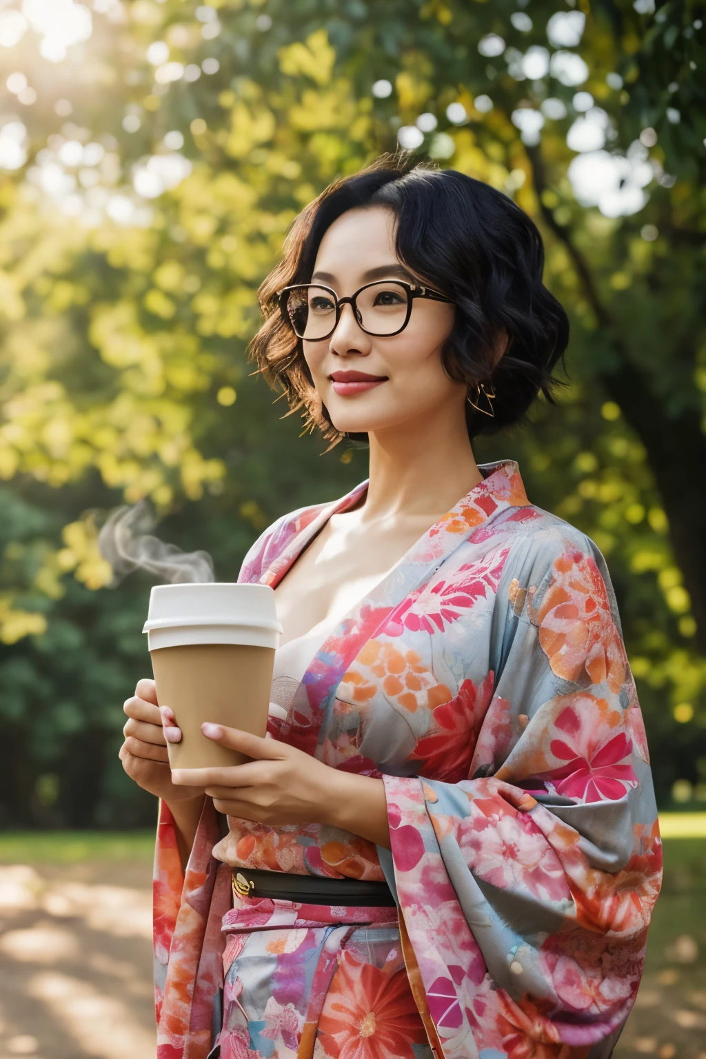 Ravishing idol Kikuchi Hina, with short, wavy hair and glasses perched upon her nose, wears a colorful kimono that flows gracefully around her busty figure. Holding a steaming coffee cup, she strolls leisurely through the park under the natural sunlight, basking in the soft, gentle rays of sunlight that illuminates her radiant, Japanese beauty. Her natural lighting enhances every detail of her features - the gentle curve of her cheekbones, the elegance of her slender waist, and the charm of her expressive eyes. An enchanting sight to behold, her captivating allure leaves a lasting impression everywhere she goes.