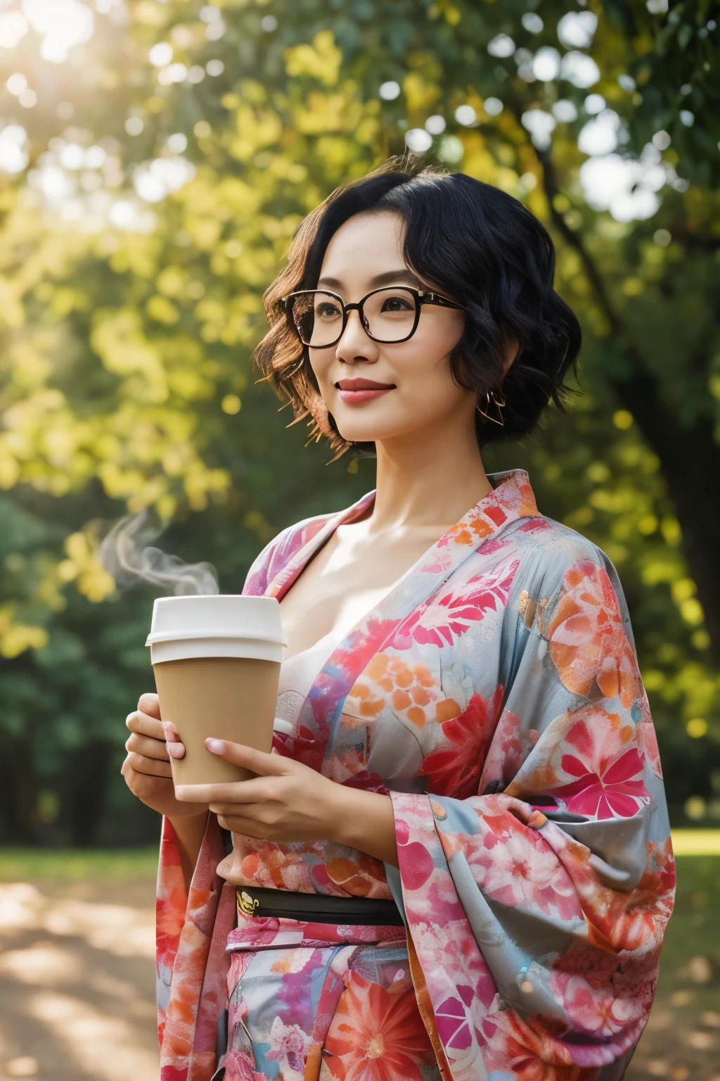 Ravishing idol Kikuchi Hina, with short, wavy hair and glasses perched upon her nose, wears a colorful kimono that flows gracefully around her busty figure. Holding a steaming coffee cup, she strolls leisurely through the park under the natural sunlight, basking in the soft, gentle rays of sunlight that illuminates her radiant, Japanese beauty. Her natural lighting enhances every detail of her features - the gentle curve of her cheekbones, the elegance of her slender waist, and the charm of her expressive eyes. An enchanting sight to behold, her captivating allure leaves a lasting impression everywhere she goes.