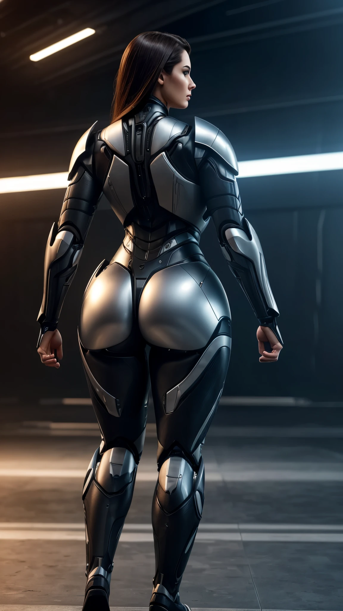 Woman, Curvy, Thick, Muscular, Robot, Sci-Fi, Aerodynamic, Carbon Fibre, Armor, Gears, Engines.

CGI, VFX, 3D art, Realism

Top Models Face, Make Up, Beauty, Straight, Slicked, Long Legth Hair.

Dynamic, Walking, back view