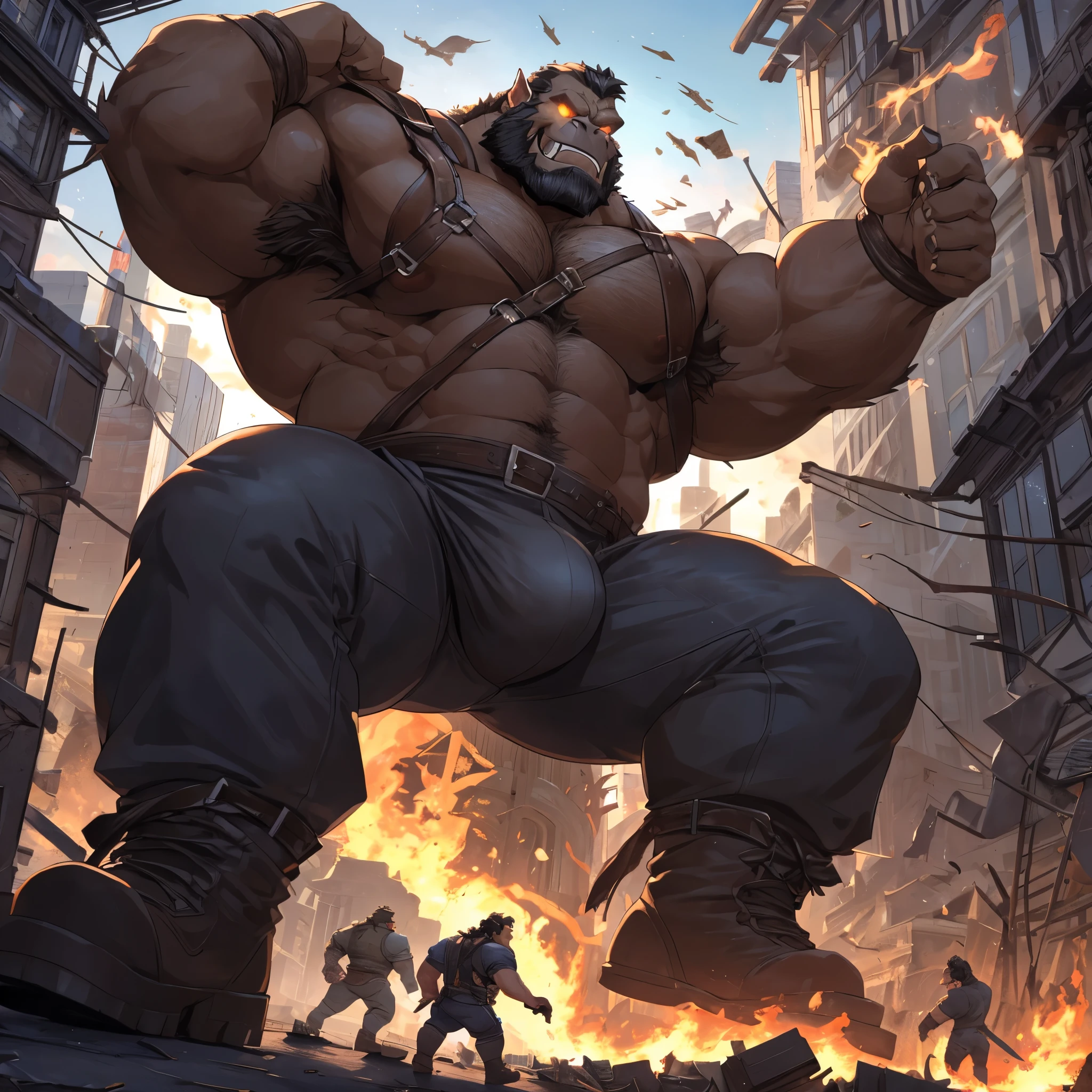 Gorilla orc, gorilla, male, Strong build, brown furry skin, chest hair, black beard, long sharp teeth, large thick lower canine teeth, thick pointed ears, (glowing eyes: 1.2), giant sized, no pants, larger than city, reclining on a battlefield, buckled boots, stepping on building, rampage, impact, his foot is breaking the ground, wearing a rag around waist, looking down, evil smile, thick arms, thick thighs, (large pecs: 1.2), fat pecs, (bara pecs: 1.3), macro, landscape dwarfing, city destruction, building destruction, ruined city, city on fire, city dwarfing, giant bulge in pants, tiny human soldiers