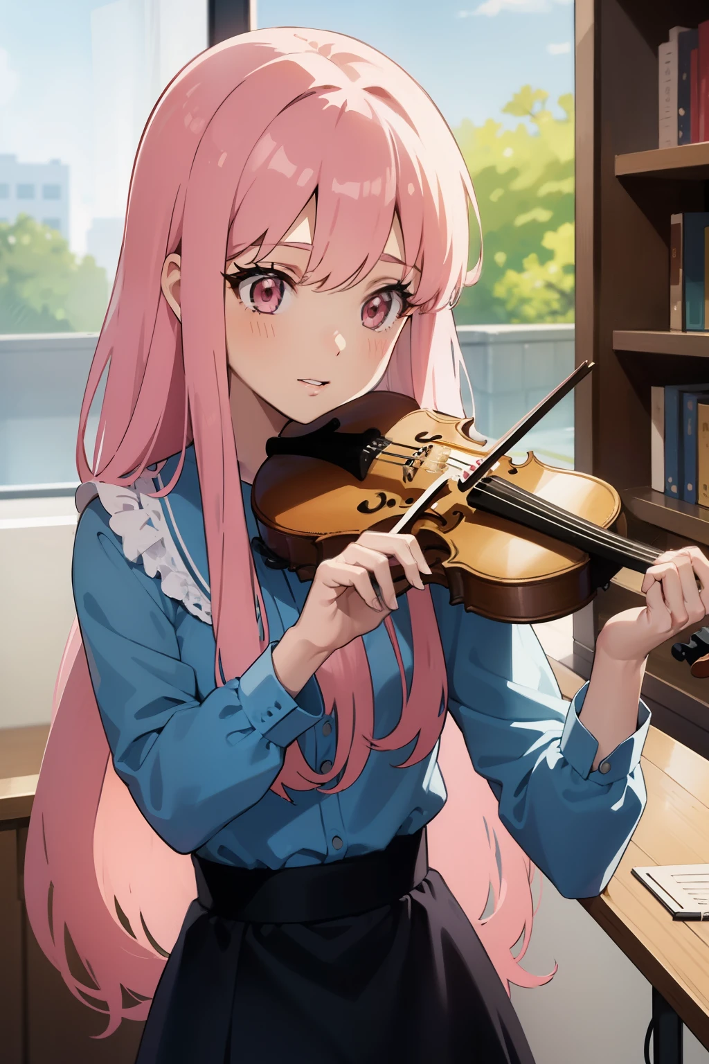 Gentle in the 60s、Female long pink hair violin teacher with bobs hairstyle、Draw a picture of a cute girl having a violin class。fiddle