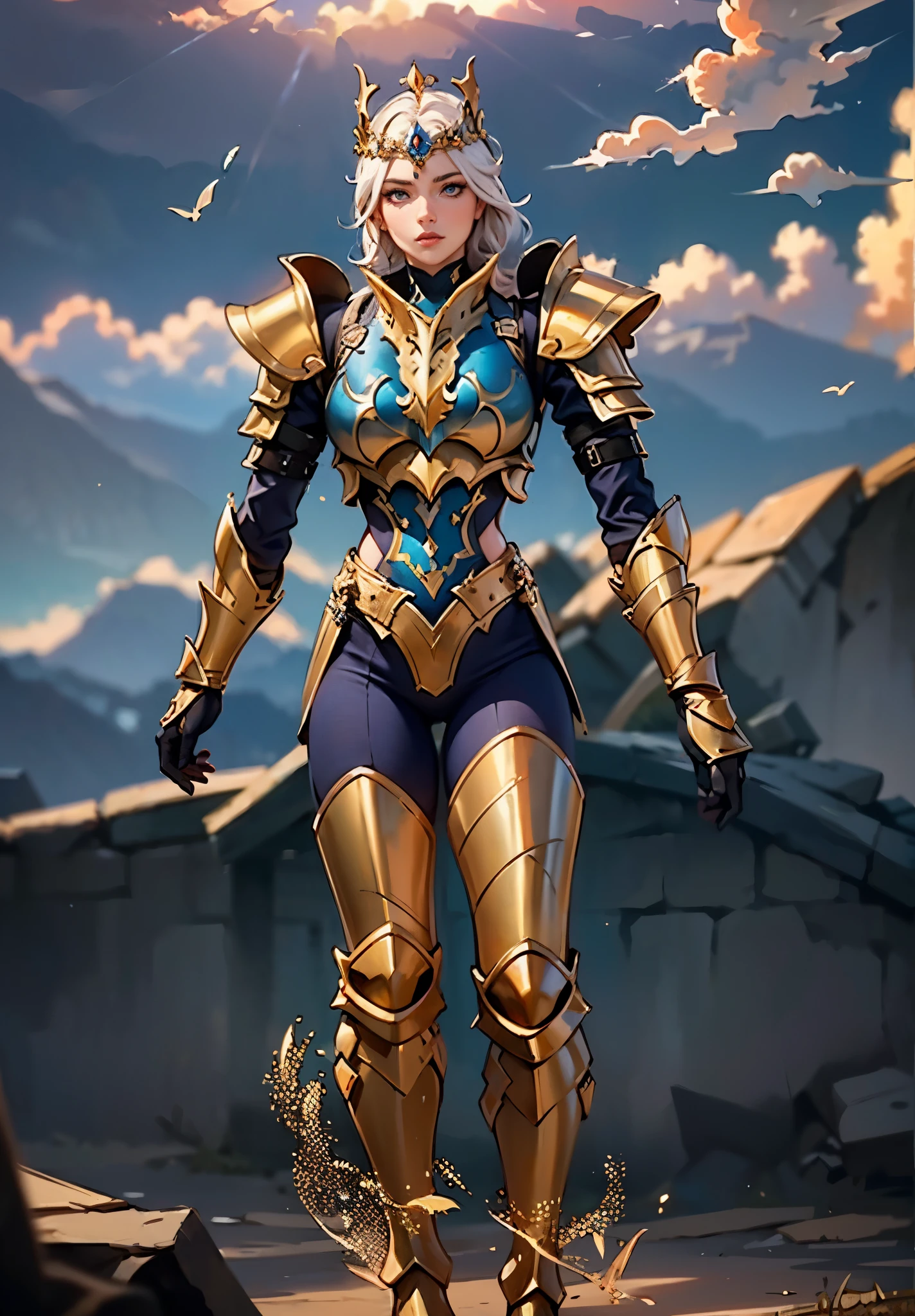 A woman adorned in fantasy-style full-body armor, a crown-concept fully enclosed helmet that unveils only her eyes, a composite layered chest plate, fully encompassing shoulder and hand guards, a lightweight waist armor, form-fitting shin guards, the overall design is heavy-duty yet flexible, the armor gleams with a golden glow, complemented by red and blue accents, exhibiting a noble aura, she floats above a fantasy-surreal high-tech city, this character embodies a finely crafted fantasy-surreal style armored hero in anime style, exquisite and mature manga art style, metallic, elegant, high definition, best quality, highres, ultra-detailed, ultra-fine painting, extremely delicate, professional, anatomically correct, symmetrical face, extremely detailed eyes and face, high quality eyes, creativity, RAW photo, UHD, 8k, Natural light, cinematic lighting, masterpiece-anatomy-perfect, masterpiece:1.5