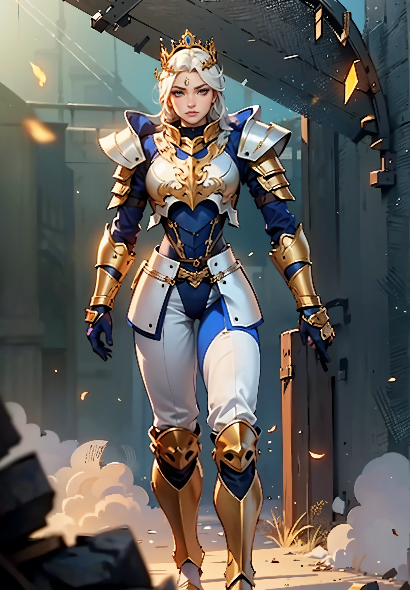 A woman adorned in fantasy-style full-body armor, a crown-concept fully enclosed helmet that unveils only her eyes, a composite layered chest plate, fully encompassing shoulder and hand guards, a lightweight waist armor, form-fitting shin guards, the overall design is heavy-duty yet flexible, the armor gleams with a golden glow, complemented by red and blue accents, exhibiting a noble aura, she floats above a fantasy-surreal high-tech city, this character embodies a finely crafted fantasy-surreal style armored hero in anime style, exquisite and mature manga art style, metallic, elegant, high definition, best quality, highres, ultra-detailed, ultra-fine painting, extremely delicate, professional, anatomically correct, symmetrical face, extremely detailed eyes and face, high quality eyes, creativity, RAW photo, UHD, 8k, Natural light, cinematic lighting, masterpiece-anatomy-perfect, masterpiece:1.5
