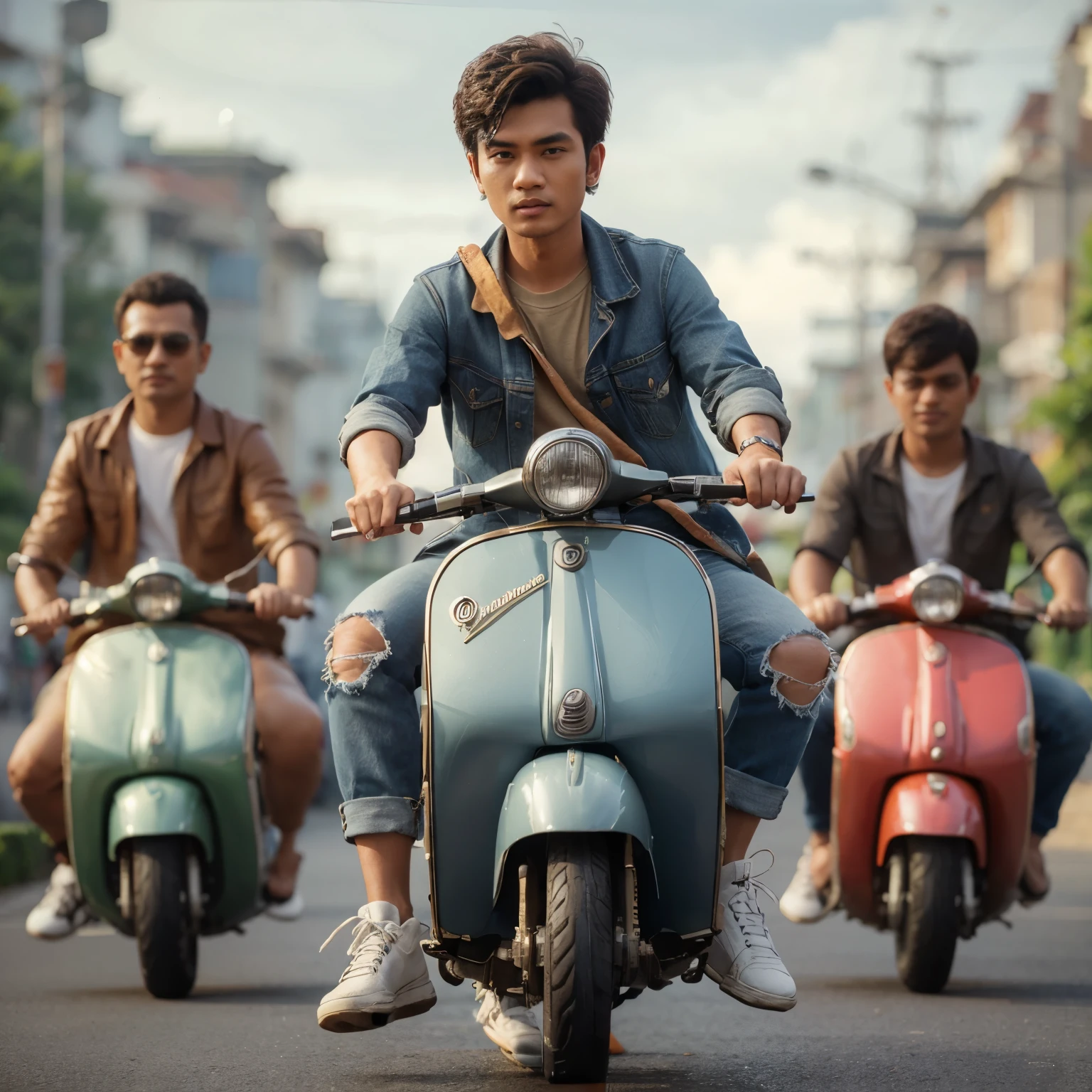 karikatur 3D seorang pemuda indonesia sedang baik vespa close up memakai baju casual dan celana jeans sobek gambar hyperrealistis full hd 4k