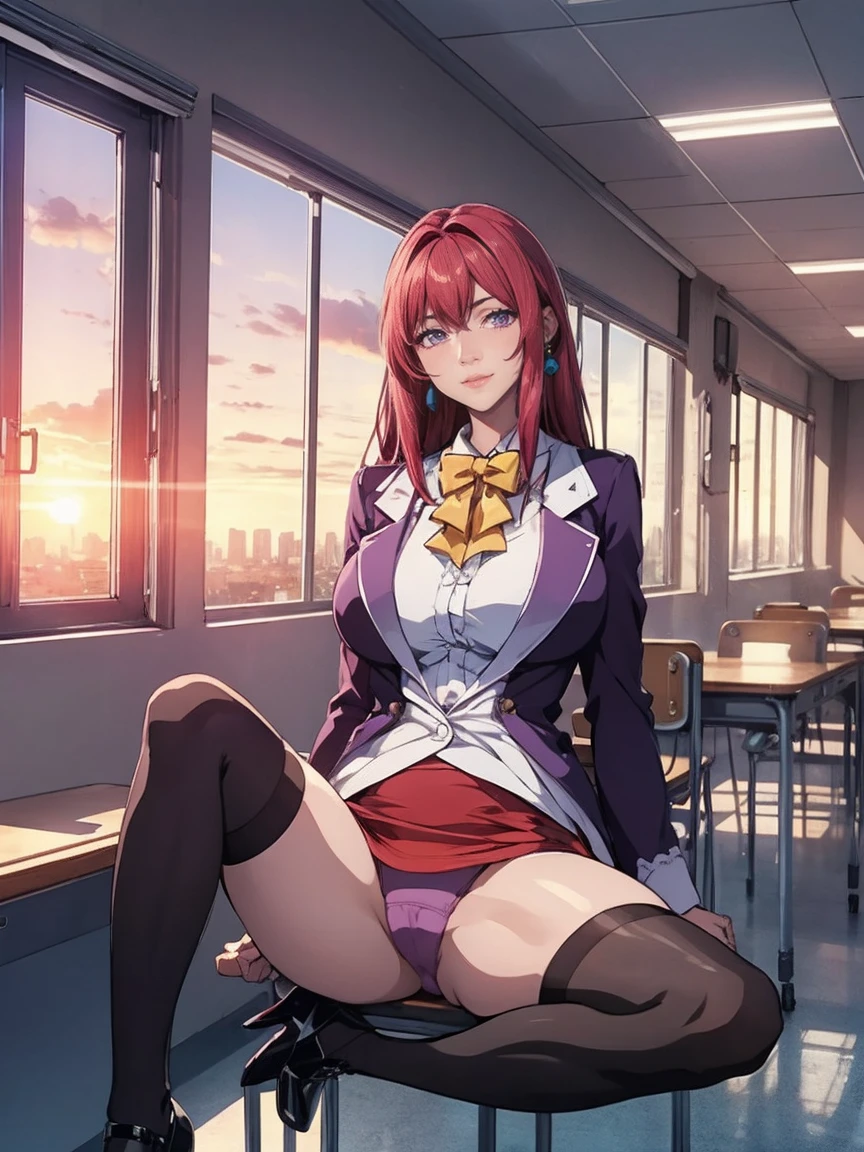 (Ilustration high quality:1.2), anime, TakashiroHiroko, 1girl, mature female, solo, sitting on table, spread legs, full body, looking at viewer, blush, smirk, purple eyes, long hair, red hair, earrings, jewelry, teacher, blouse, bowtie, blazer, pencil skirt, thighhighs, high heels, curvy, large breasts, purple panties, lace panties, school, window, sky, sunlight, city, complex background, sunset,