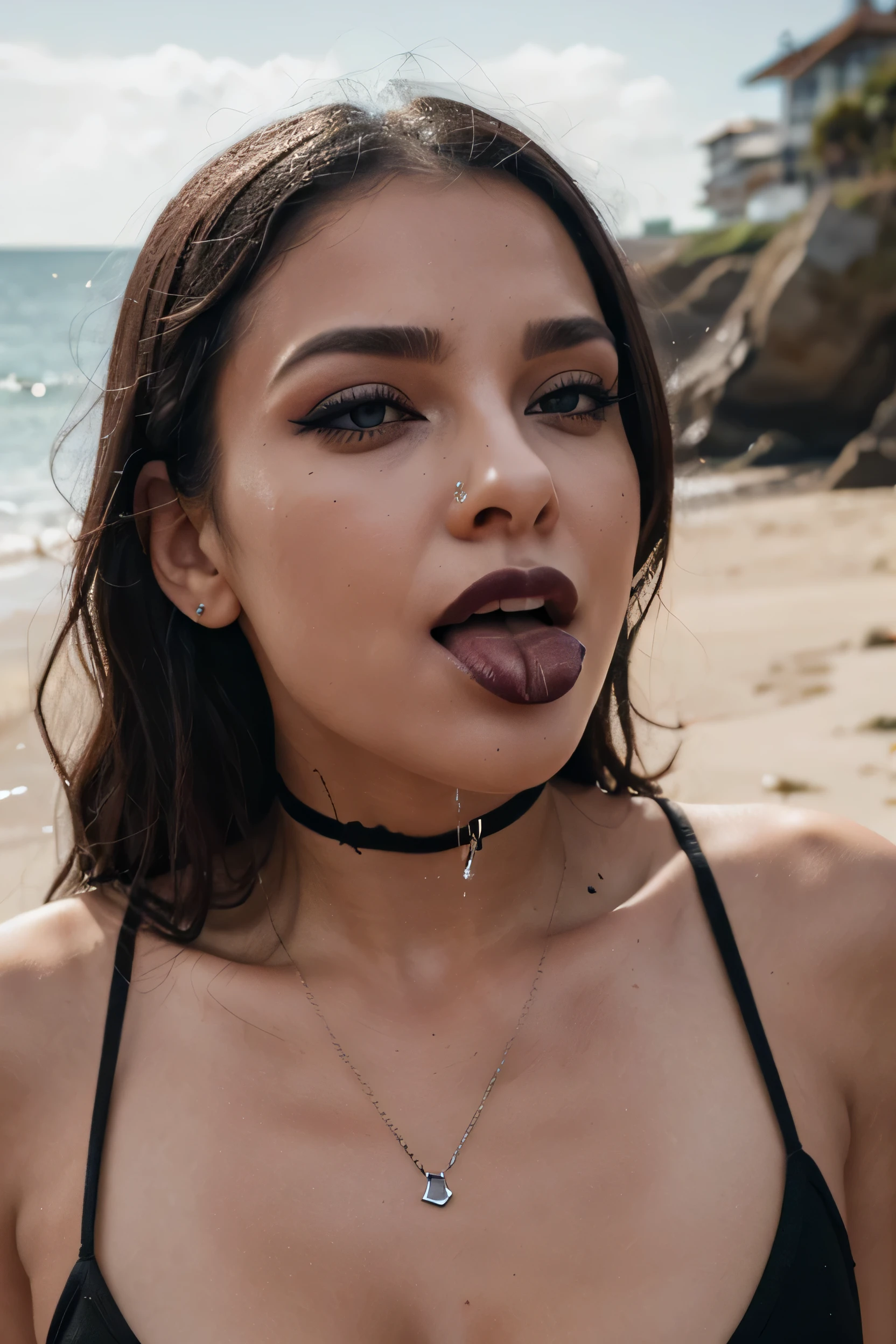 saliva dripping, eyes up, nose ring, black lipstick, in beach, tongue out