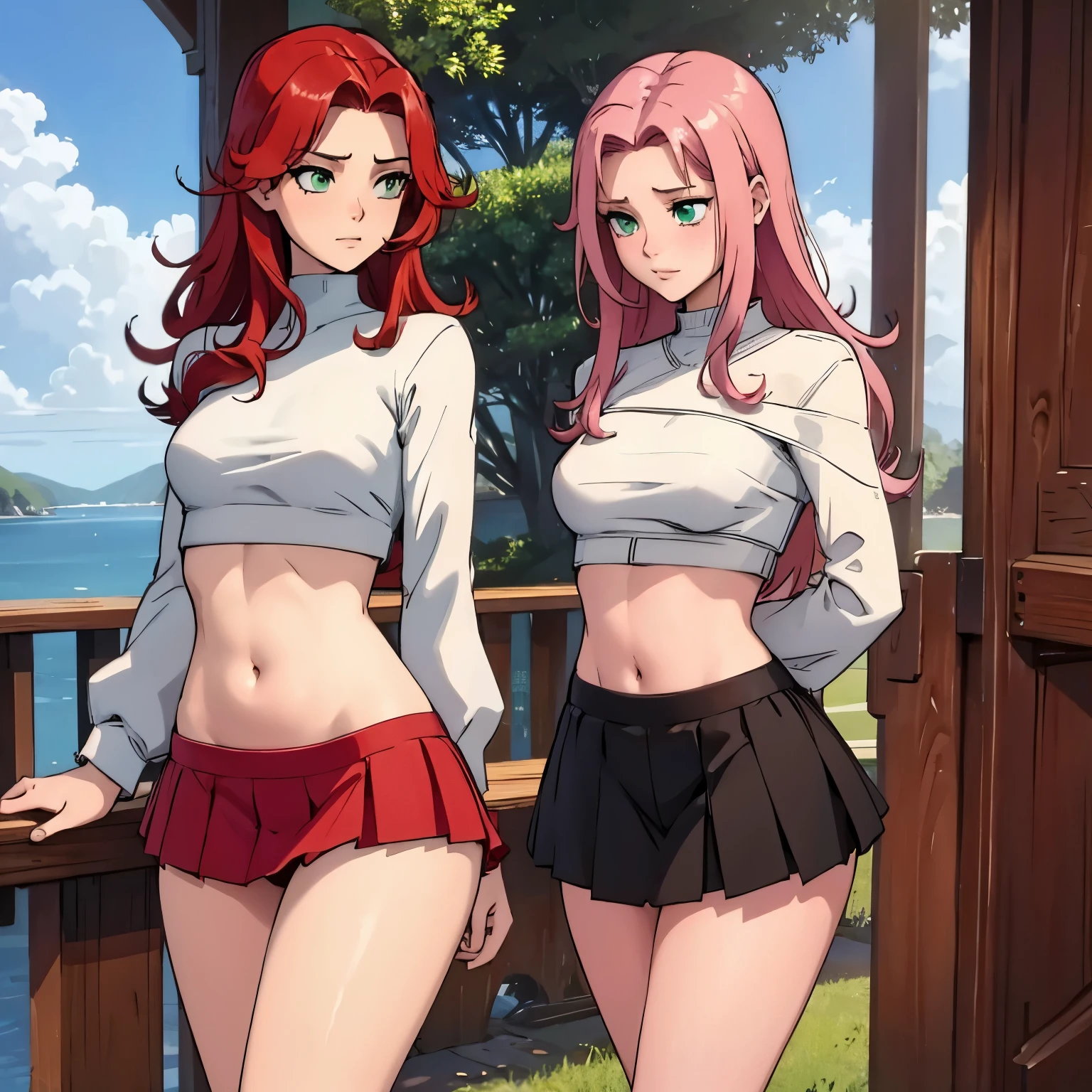 red-pinkish hair, green eyes, long hair, miniskirt, sexy panty, belly free, athletic, sexy outfit, white and black clothes