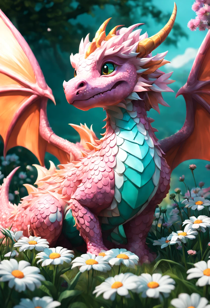 Cute fluffy pink dragon in a field of white flowers, 8k resolution concept art by Greg Rutkowski dynamic lighting hyperdetailed intricately detailed Splash art trending on Artstation triadic colors Unreal Engine 5 volumetric lighting Alphonse Mucha WLOP Jordan Grimmer orange and teal