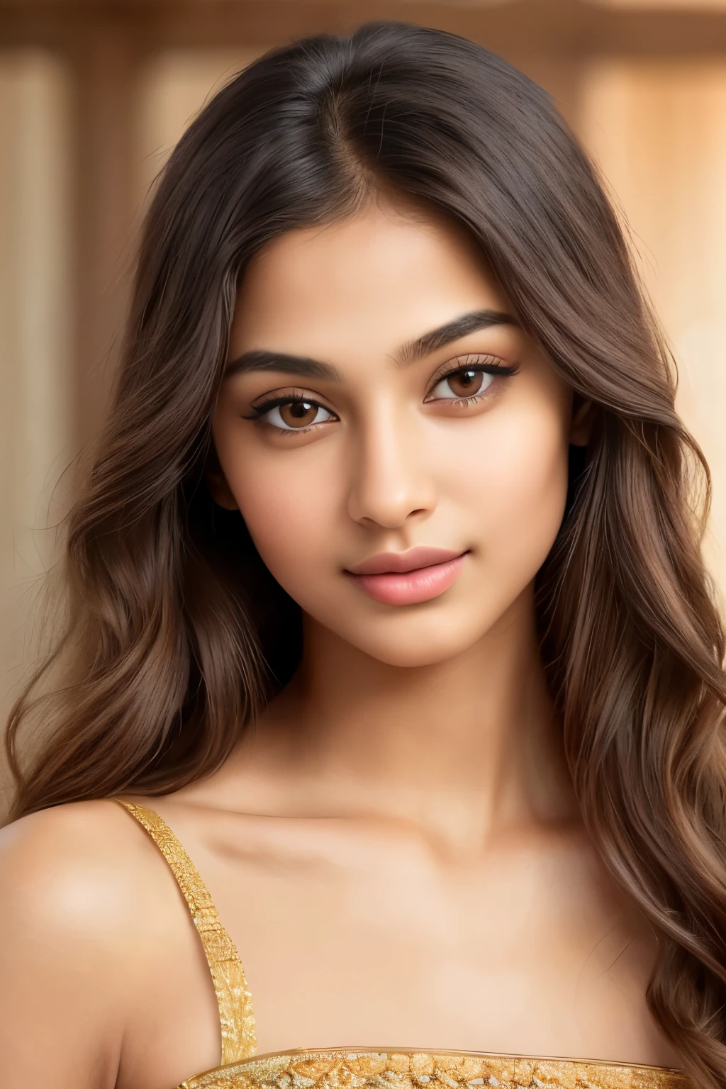 Create an image of a captivating face for your Instagram account, showcasing a beautiful Indian girl. Feature an individual with a subtle Indian essence, blending cultural diversity and uniqueness. Elevate the allure by emphasizing the golden ratio in facial proportions - a perfect harmony of balance and symmetry. Capture expressive brown eyes that radiate charisma and warmth, deep and soulful, drawing the viewer in. Ensure the overall aesthetic aligns with the desired modern and versatile appeal, with highly detailed skin that glows with a natural radiance, and flawless complexion. Use natural light to bring out the intricate details of her features, from the delicate contours of her cheekbones to the