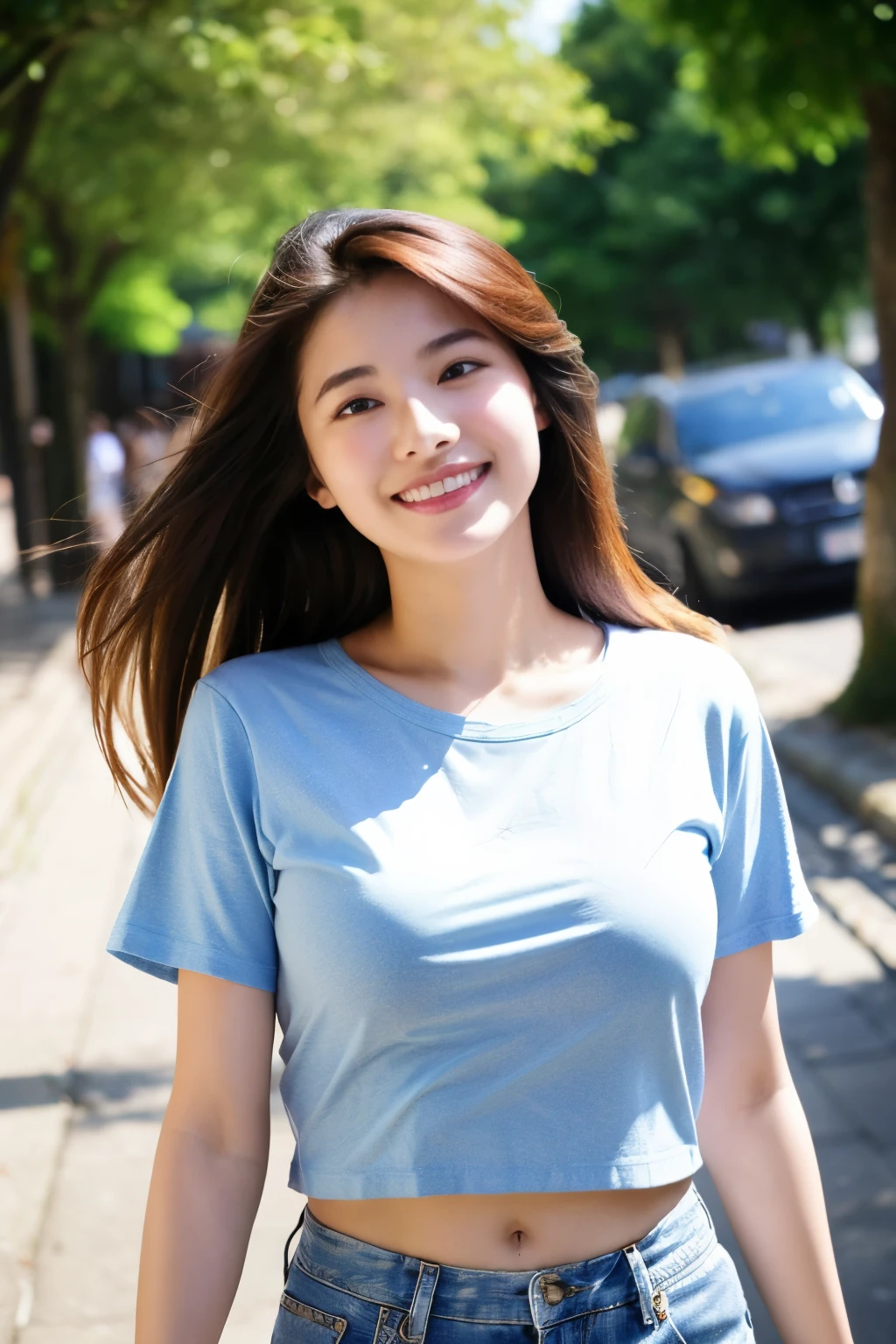 ((Highest quality、in 8K、Masterpiece:1.3))、1 girl comes in、A beautiful woman with a plump belly emphasizes:1.3、(long haired person、Huge tits、Huge tits:1.2)、in the city、Very delicate face、useful、Double eyelids、smile showing teeth、In Tshirt、looking at camera、Big smile、See here.、Look at me with your eyes wide open.、comfortable feeling、Walk in the park、Wear a T-shirt.、The chest is large. Information
