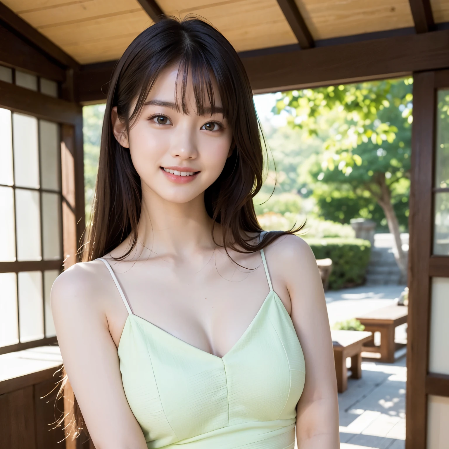 Japan woman at 22 years old、very beautiful woman、1 woman、beautiful eyes、beautiful nose、large udder、At a resort、(muste piece, best quality, It's photorealistic, High resolution, photograph, :1.1), Cute smile showing teeth、skin that looks real, porcelain skin,(dynamic lighting, reality, Super realistic, reality的な詳細な) , fine texture、large udder、オシャレなGreen dress、Green dress