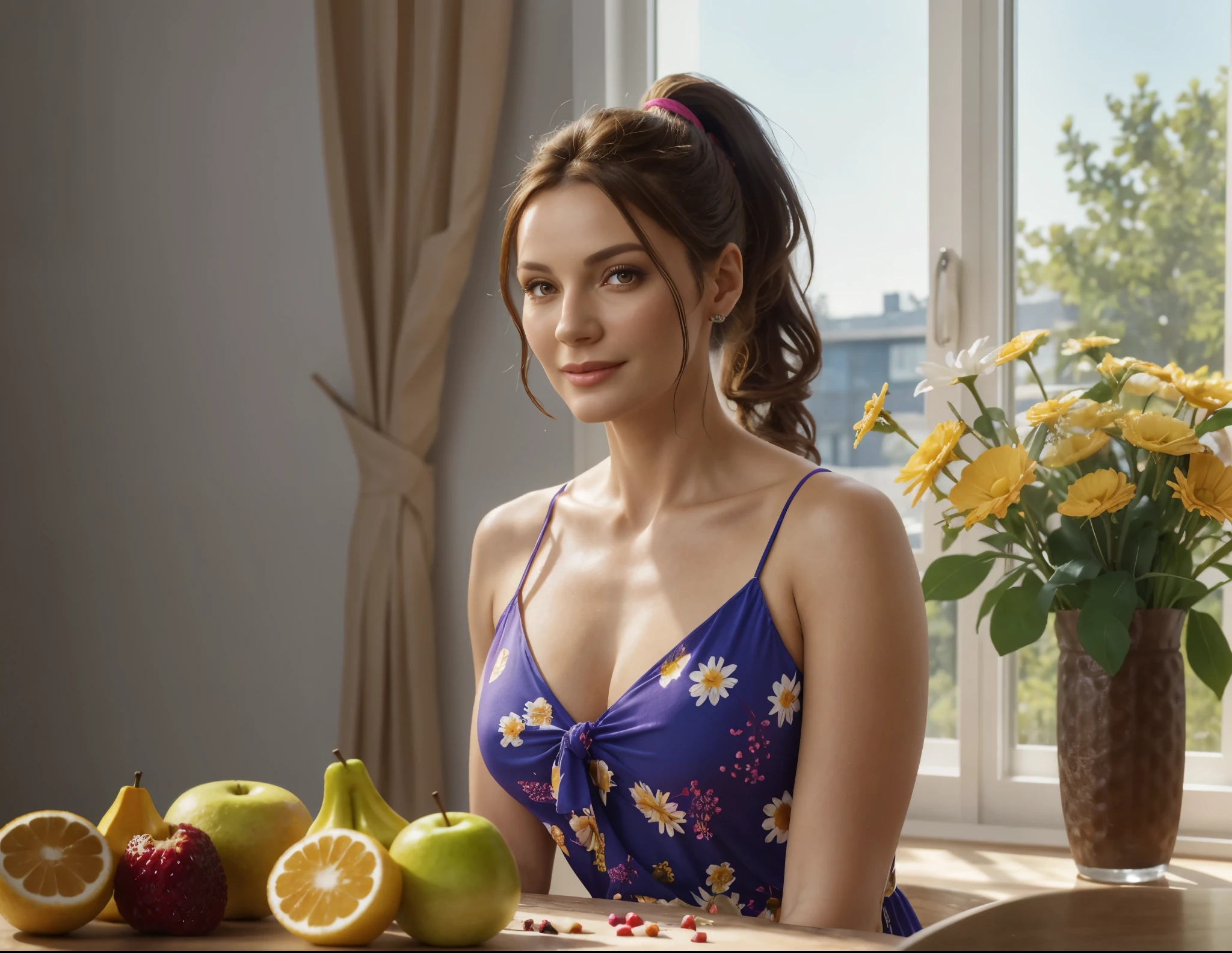 photorealistic pretty woman 36 years old, sloppy dress with, dark straight hair tied in a ponytail, fruit and flowers on the table, sunny room with window in the background, detailed, photorealistic, strong day light, deep shadows, raytracing, sharp focus,Extremely Realistic