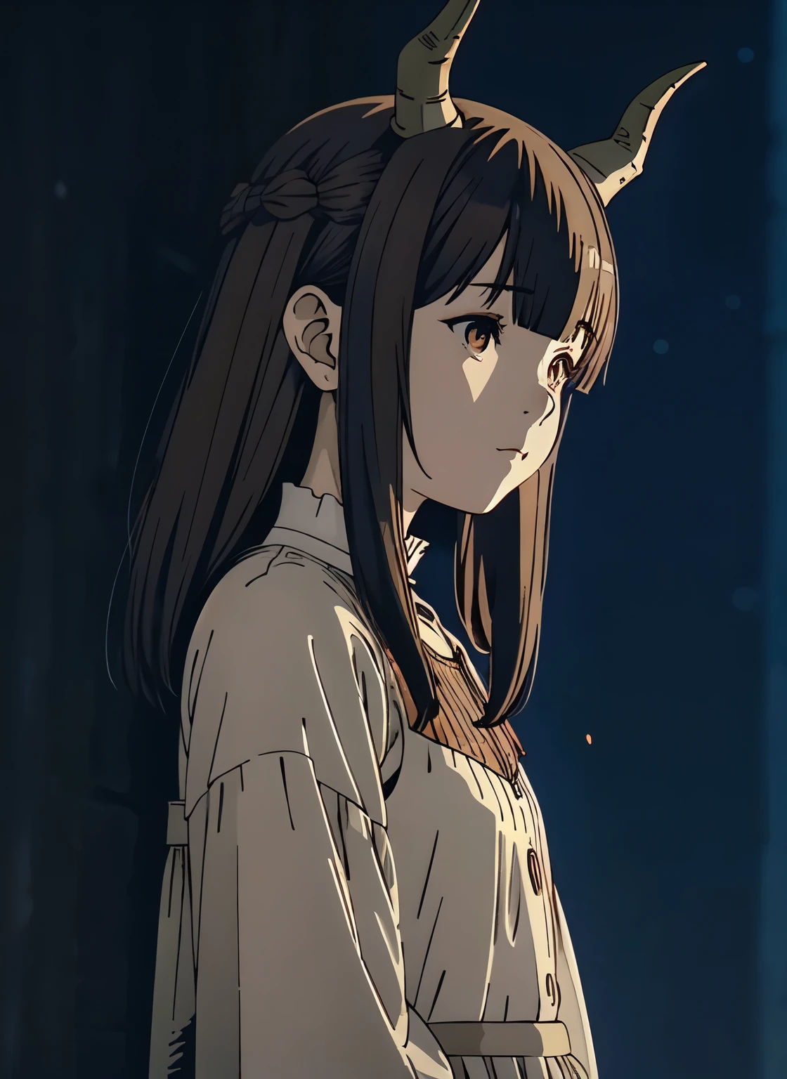 anime girl with short brown hair with two horns protruding from beneath her hair and a white dress standing in front of a dark background, artwork in the style of guweiz, profile of anime girl, portrait anime girl, beautiful anime portrait, looking to the viewer, 