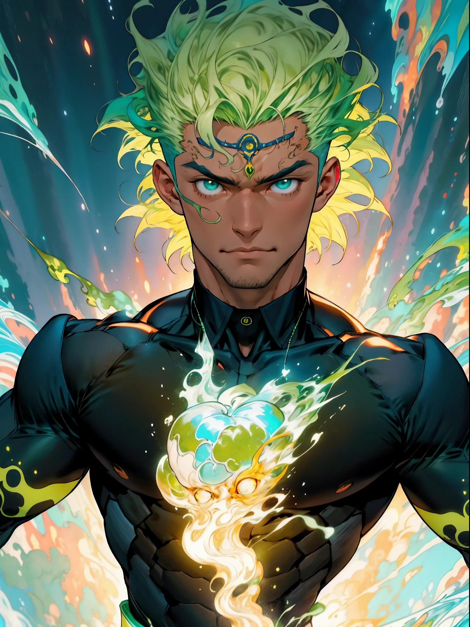 un primer plano de un hombre con fuego verde en la cabeza y torso, humano resplandeciente, Como se ilustra en Top Cow Comics, Brillando en poder, Sosteniendo fuego verde, Hoja de alma verde brillante,esqueleto,esqueleto humano,huesesos,deretirse,nuclear,(1hombre)