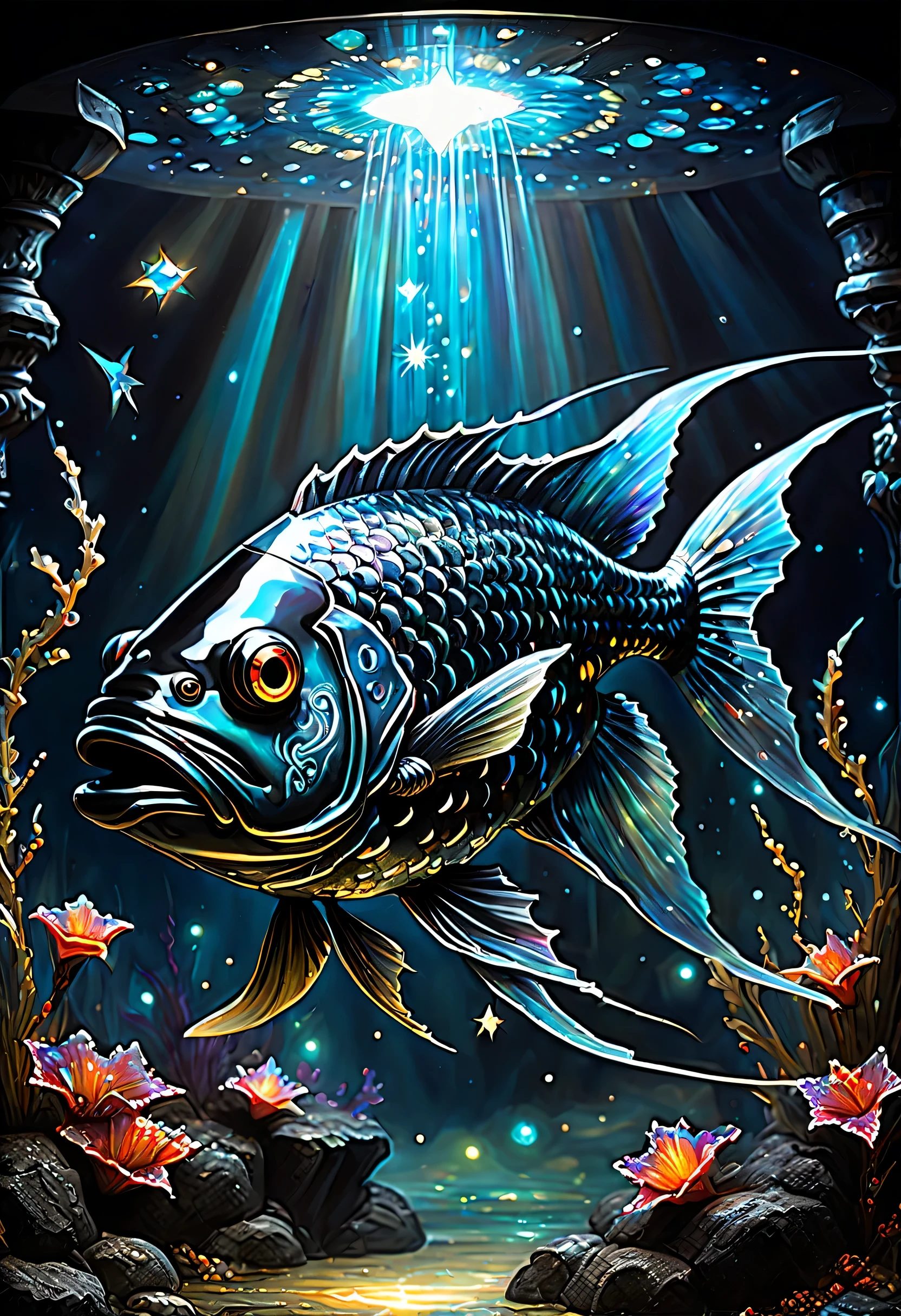 Creepy game boss fish magical creature, Mysterious aura oozes out, Beautifully detailed painting artwork, Craftsmanship at its best, Every surface is decorated with meticulously designed intricate elements, light black paint, shining bright color, Atmosphere reminiscent of a shooting star, Overall quality is completely top notch, A masterpiece of outstanding technology, Add a melodious atmosphere,