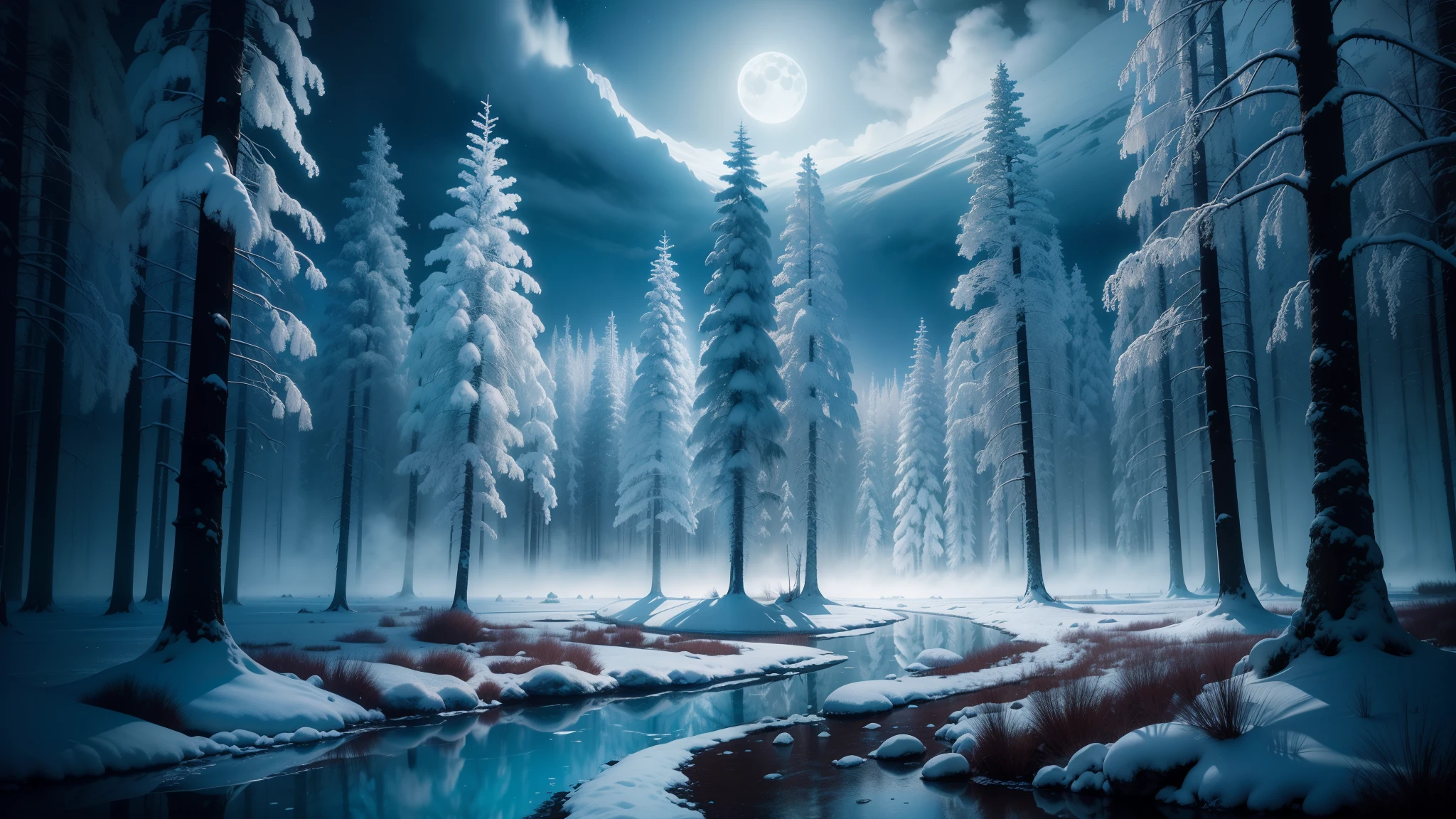 canon 5d, frozen taiga forest, frozen pond, mist in the background, night, blue moon, photo, digital art, fantasy, cinematic shot photo taken by arri canon fuji kodak, incredibly detailed, sharpen, details, professional lighting, film lighting, lightroom, cinematography