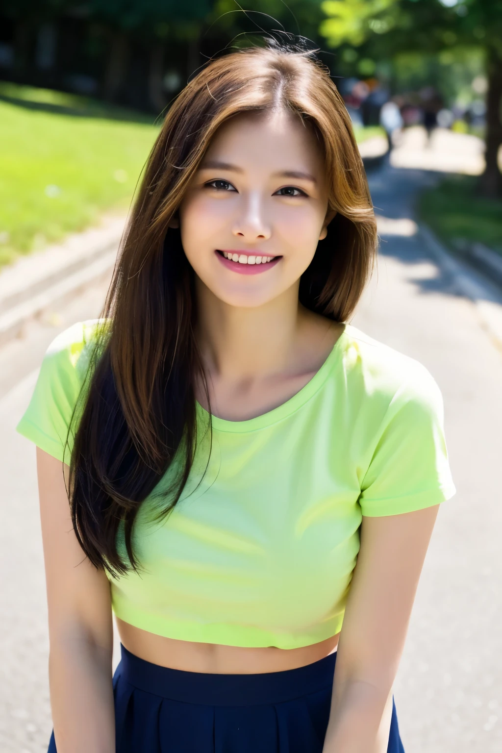 ((Highest quality、in 8K、Masterpiece:1.3))、1 girl comes in、A beautiful woman with a plump belly emphasizes:1.3、(long haired person、Huge tits、Huge tits:1.2)、in the city、Very delicate face、useful、Double eyelids、smile showing teeth、In Tshirt、looking at camera、Big smile、See here.、Look at me with your eyes wide open.、comfortable feeling、Walk in the park、Wear a T-shirt.、The chest is large. Information
