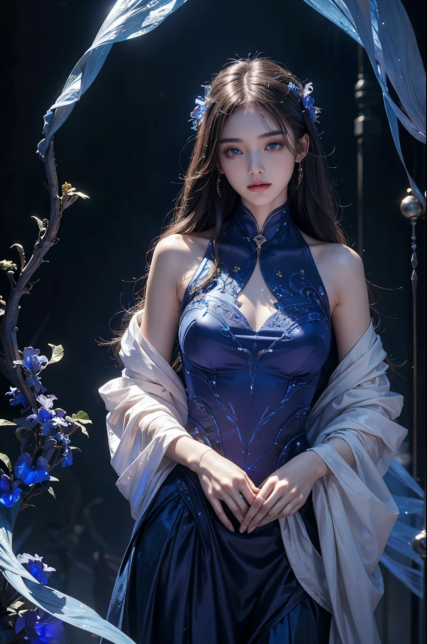 Full figure, seven -clinging shooting, 18 years old, wearing transparent science fiction clothes, exquisite faces, details, hands, ultimate details, amazing magnificence, LED internal lighting, Pedaipan style, fiber hair, glowing blue iris, glowing blue iris. ,,