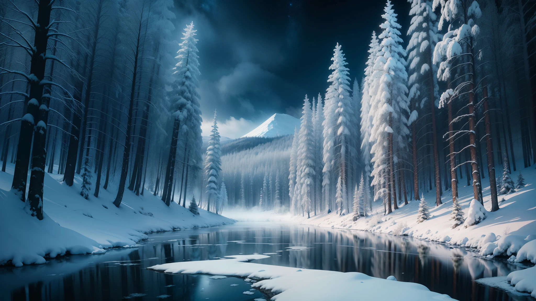 canon 5d, frozen taiga forest, frozen pond, mist in the background, night, blue moon, photo, digital art, fantasy, cinematic shot photo taken by arri canon fuji kodak, incredibly detailed, sharpen, details, professional lighting, film lighting, lightroom, cinematography