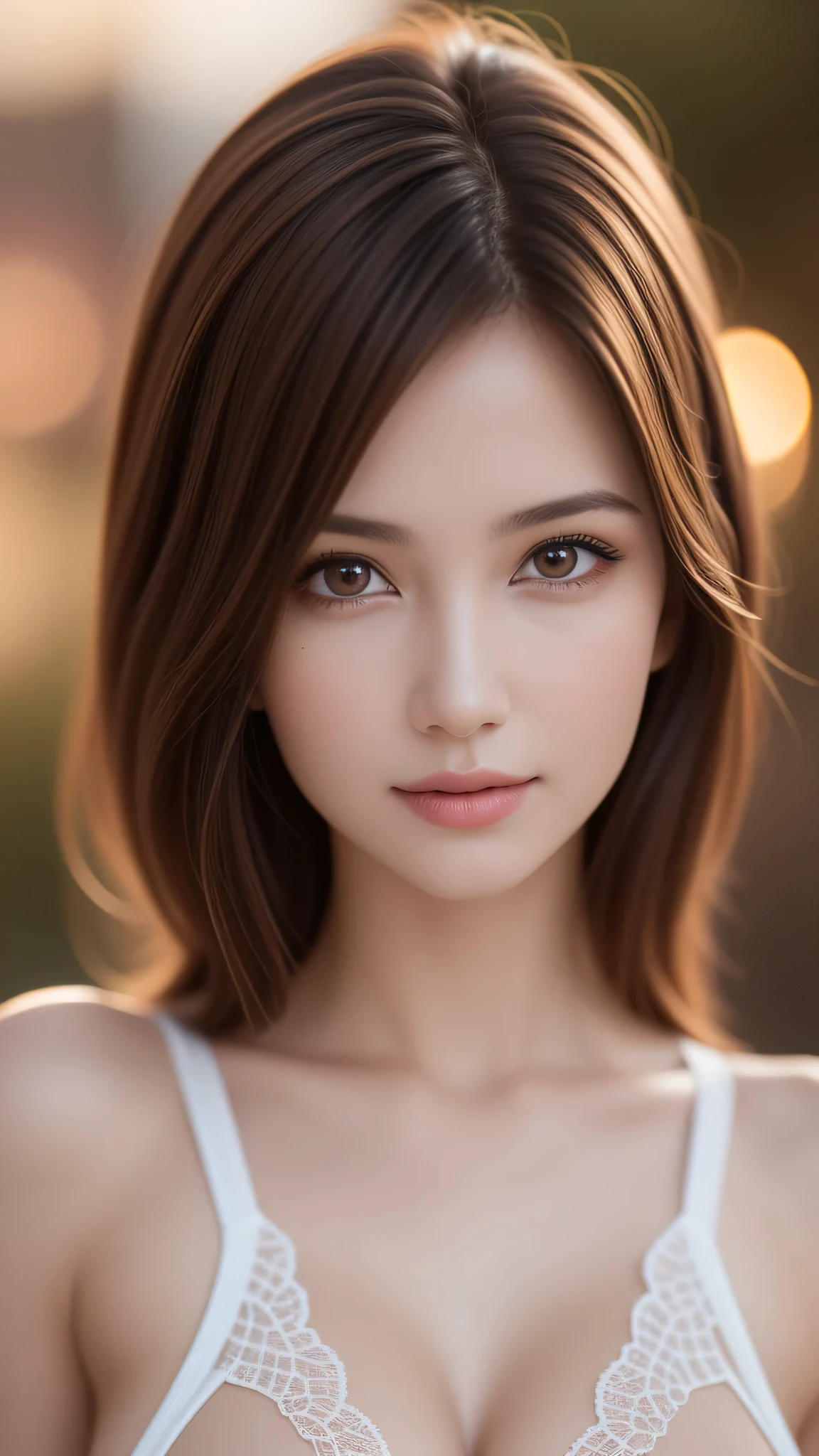 1 girl, (highest quality:1.4), (super detailed), (detailed light), (Highly detailed beautiful face), wonderful face and eyes, brown hair, brown eyes, Beautiful sheer lace details, beautiful breasts, nipple, Highly detailed CG integrated 8k wallpaper, High resolution raw color photos, professional photos, dynamic lighting, (((Bokeh))), Depth of bounds written,