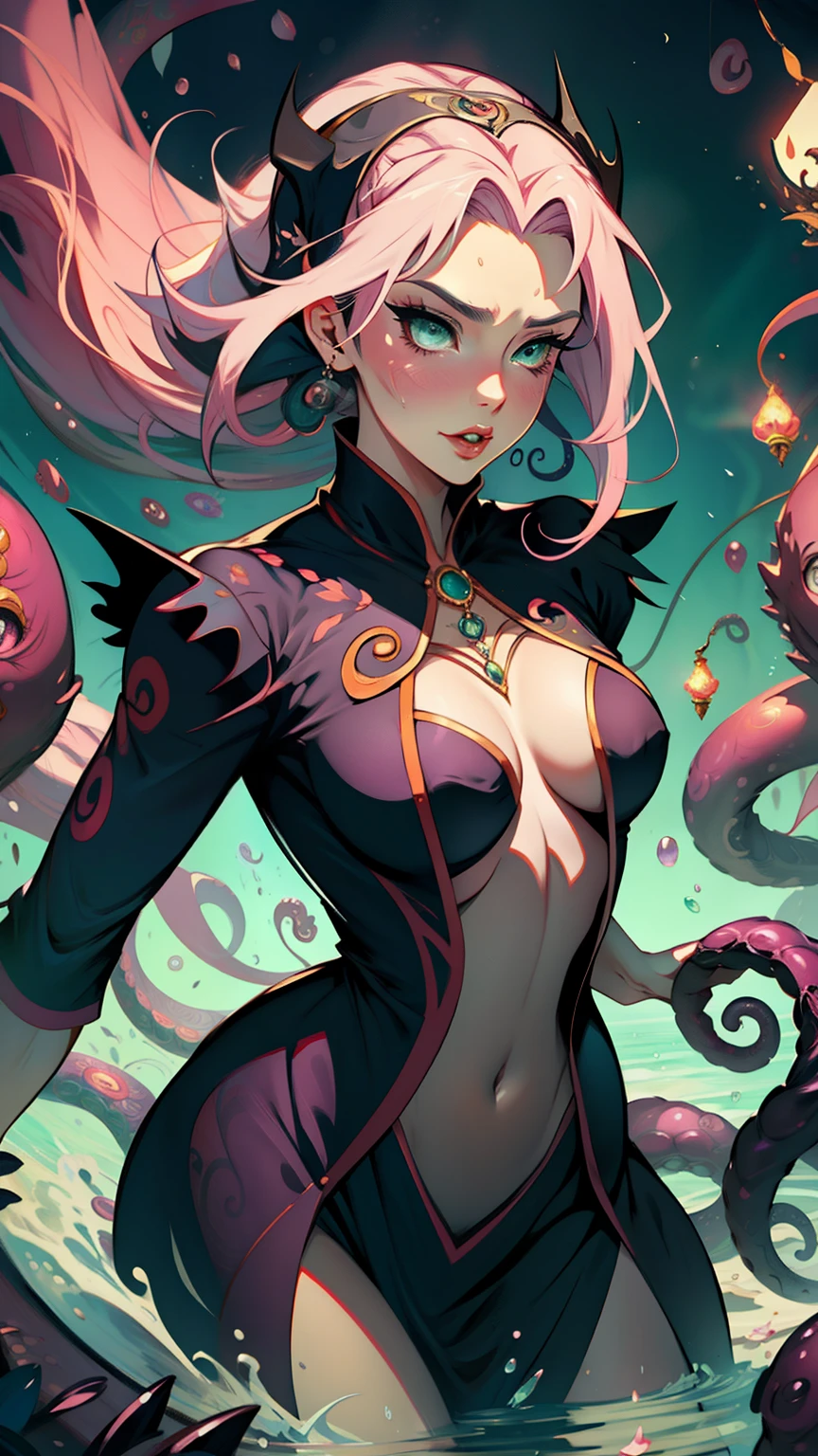 1 mulher, fantasiada de ursula disney, strong emotions, sakura, cabelo curto, luz, foco, como ursula, corpo inteiro, solo, magia ao seu redor, tentacles