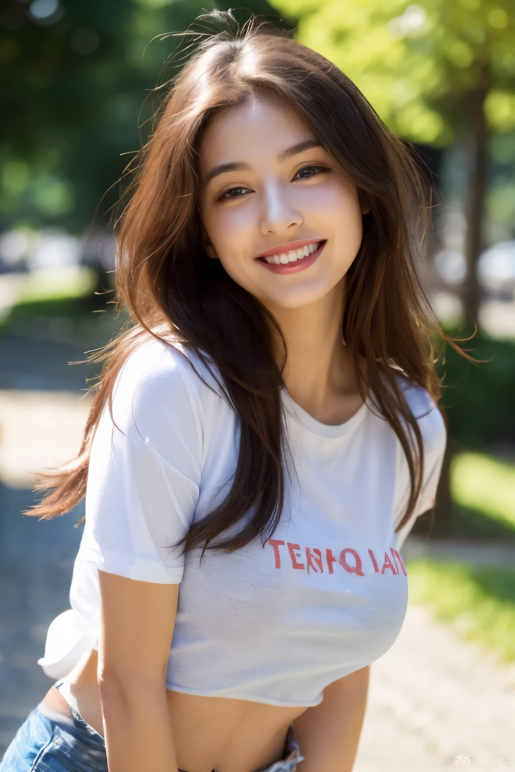 ((Highest quality、in 8K、Masterpiece:1.3))、1 girl comes in、A beautiful woman with a plump belly emphasizes:1.3、(long haired person、Huge tits、Huge tits:1.2)、in the city、Very delicate face、useful、Double eyelids、smile showing teeth、In Tshirt、looking at camera、Big smile、See here.、Look at me with your eyes wide open.、comfortable feeling、Walk in the park、Wear a T-shirt.、The chest is large. Information