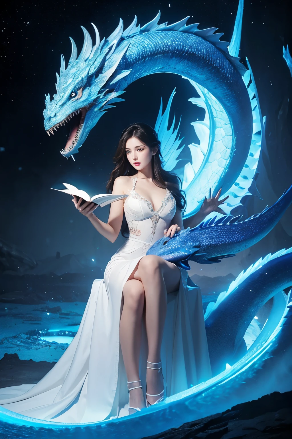 a woman in a white dress sitting on a blue dragon, a storybook illustration by Anna Katharina Block, cgsociety, fantasy art, fantasy, rococo, enchanting
