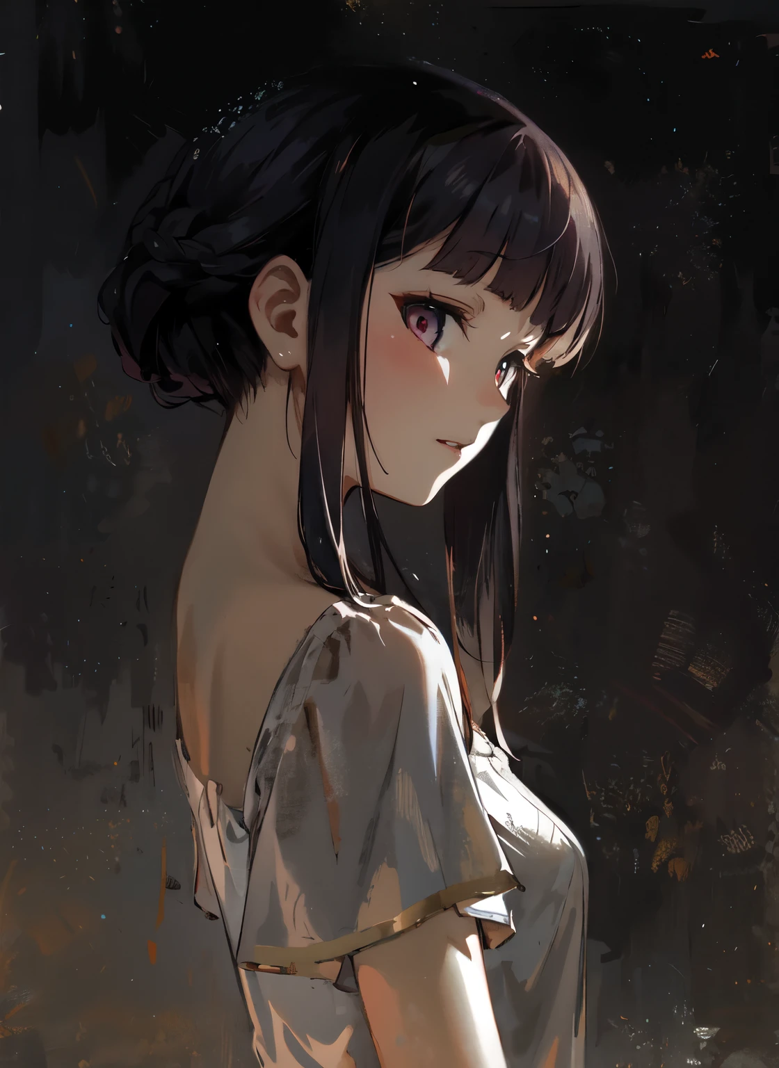 anime girl with short two toned hair with two horns protruding from beneath her hair and a white dress standing in front of a dark background, artwork in the style of guweiz, profile of anime girl, portrait anime girl, beautiful anime portrait, looking to the viewer, 