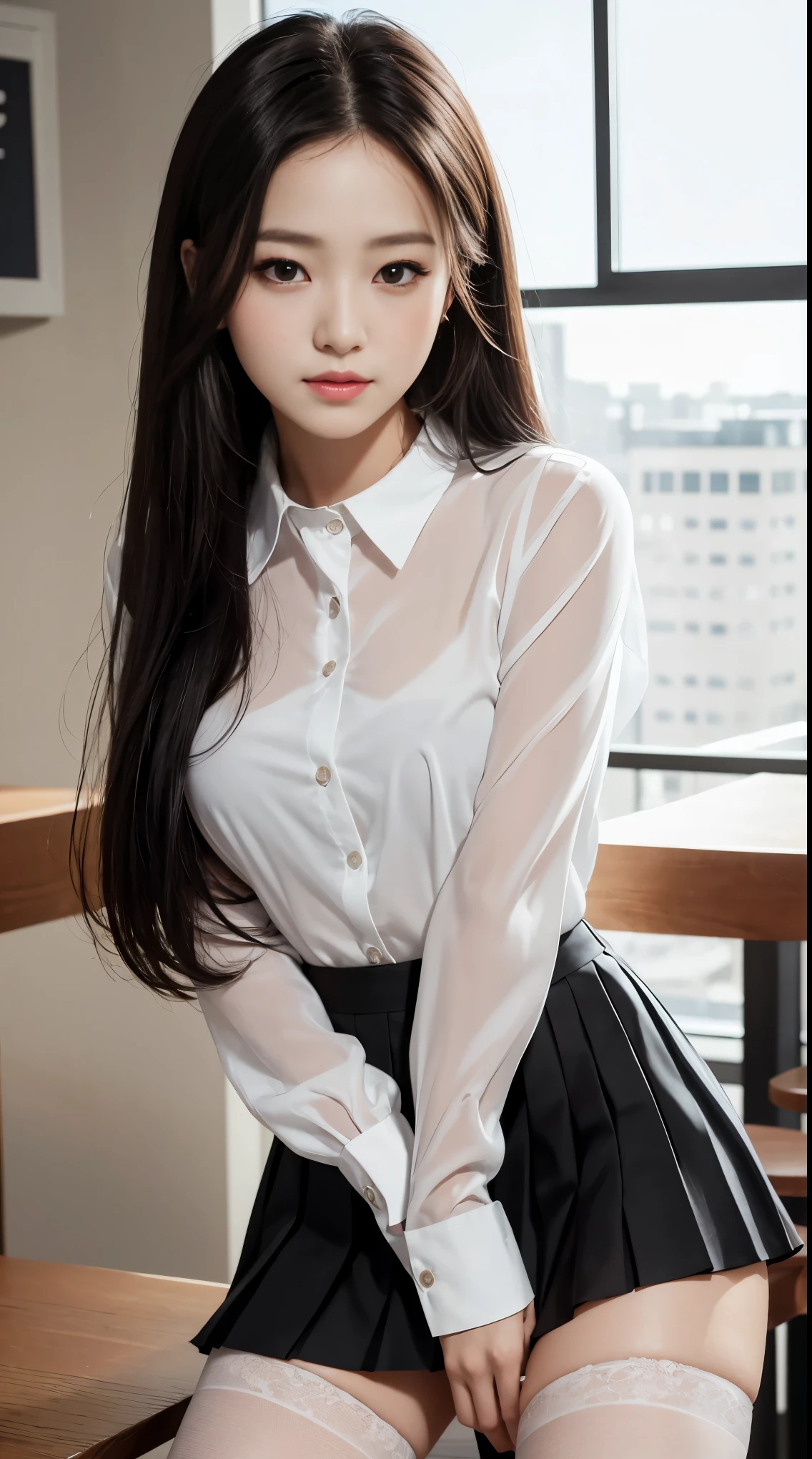 （masterpiece, best quality）, Lady, mature woman, feeble, beautiful face，Ultra HD face，매우 beautiful face，cute 얼굴，cute，Clear face visibility，long hair, black hair, straight hair, forehead, beautiful and delicate eyes, light smile, shirt, pleated_skirt,relationship, sheer black stockings, Heel,empty coffee shop，stand up, Big Bub，The shirt covers the large bust， leg,Ultra HD, textured skin, super detail, very detailed, high quality，high resolution, 16,000,