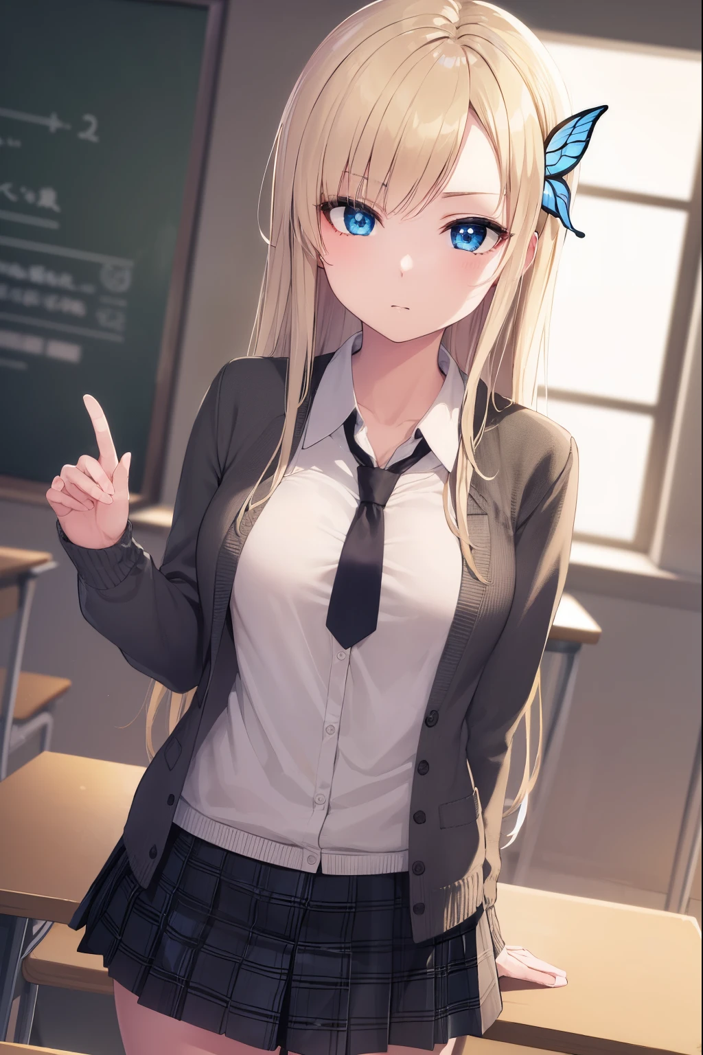 senakashiwazaki, sena kashiwazaki, blonde hair, butterfly hair ornament, hair ornament, long hair,
BREAK cardigan, checkered clothes, checkered skirt, jacket, long sleeves, necktie, school uniform, shirt, skirt, st. chronica academy school uniform
BREAK indoors, classroom,
BREAK looking at viewer, (cowboy shot:1.5),
BREAK (masterpiece:1.2), best quality, high resolution, unity 8k wallpaper, (illustration:0.8), (beautiful detailed eyes:1.6), extremely detailed face, perfect lighting, extremely detailed CG, (perfect hands, perfect anatomy),