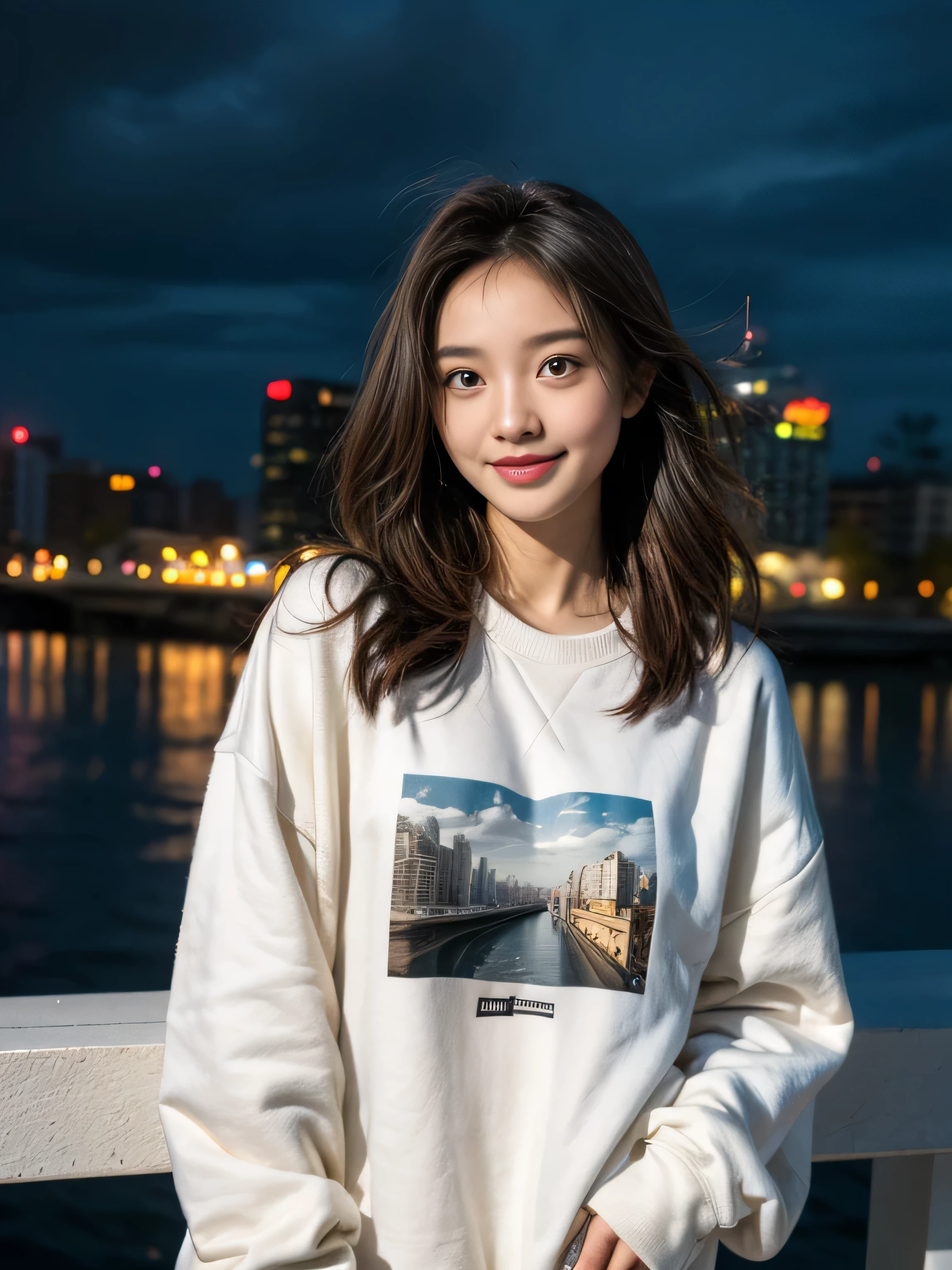 girl, smile, big eyes, medium hair, white oversized sweatshirt, night city, overcast weather 