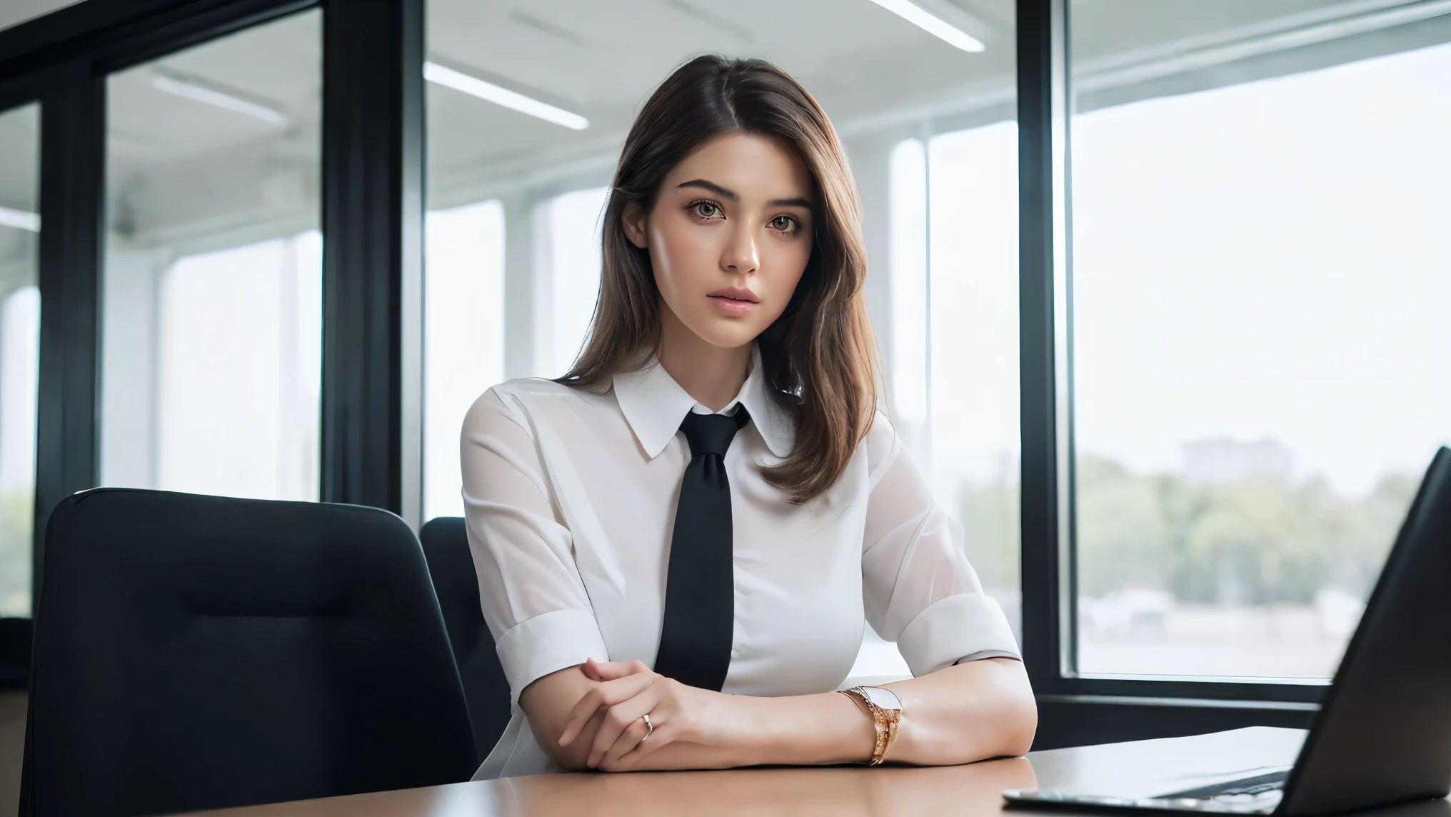 (masterpiece,High quality:1.3), (depth of fields:1.3) (pale:1.5) (cinematic), (hyper-realistic), (sharp), (detail) , ((front body:1.35)), Caucasian, woman, Alexandra Daddario, using smartphone, 1 girl (Women's business black suits, black midi skirt, White transparent collared shirt:1.2), Huge breasts, (Looking at Viewer:1.3), (full body:1.2), Inside the office table by the window in the building