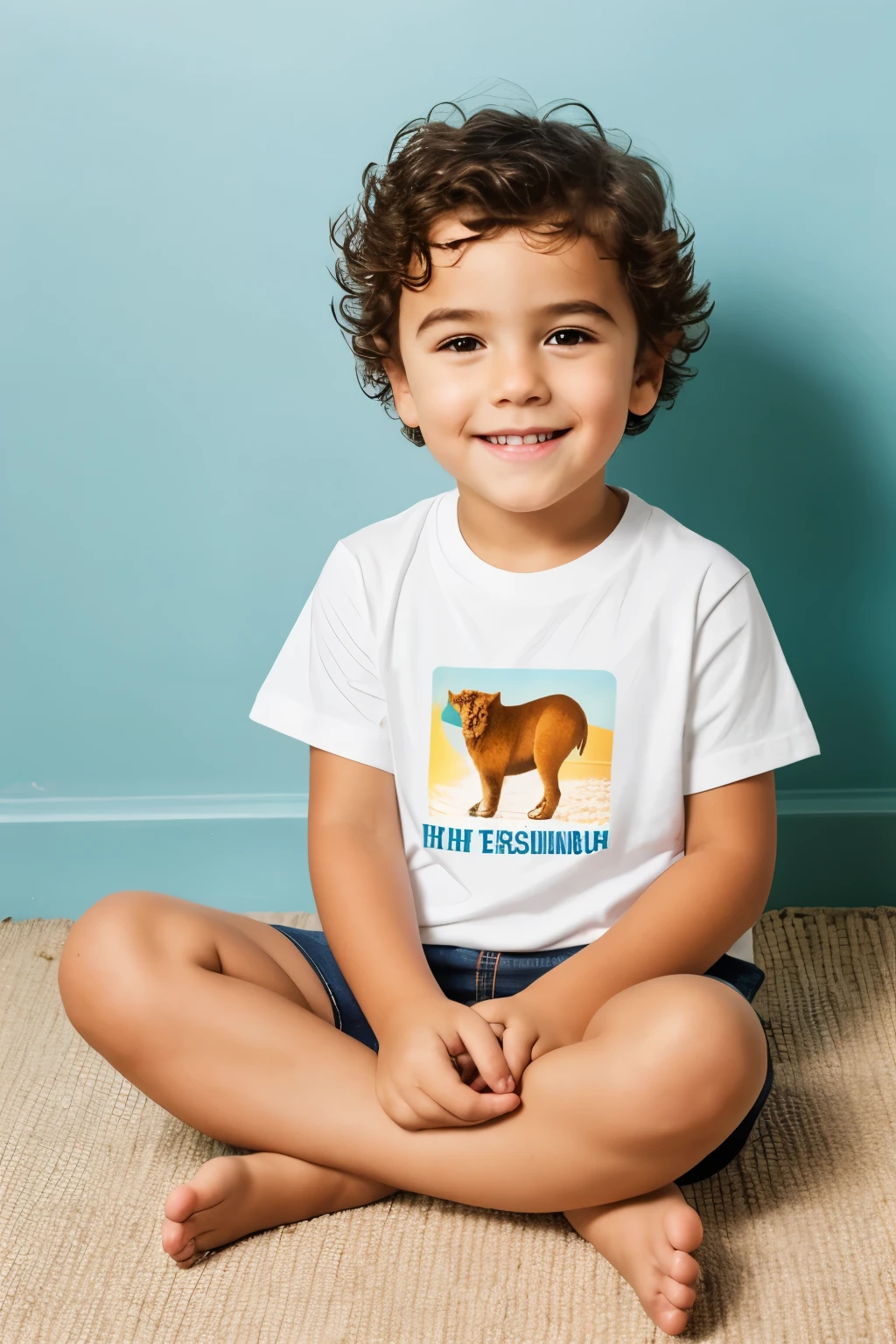 create a t shirt mock up, of a average looking 3  young european kid wearing a white t shirt in a boho styled childrens room, sitting on the floor and playing, make it look like a real human creases in the face, no filters, all natural looking human skin