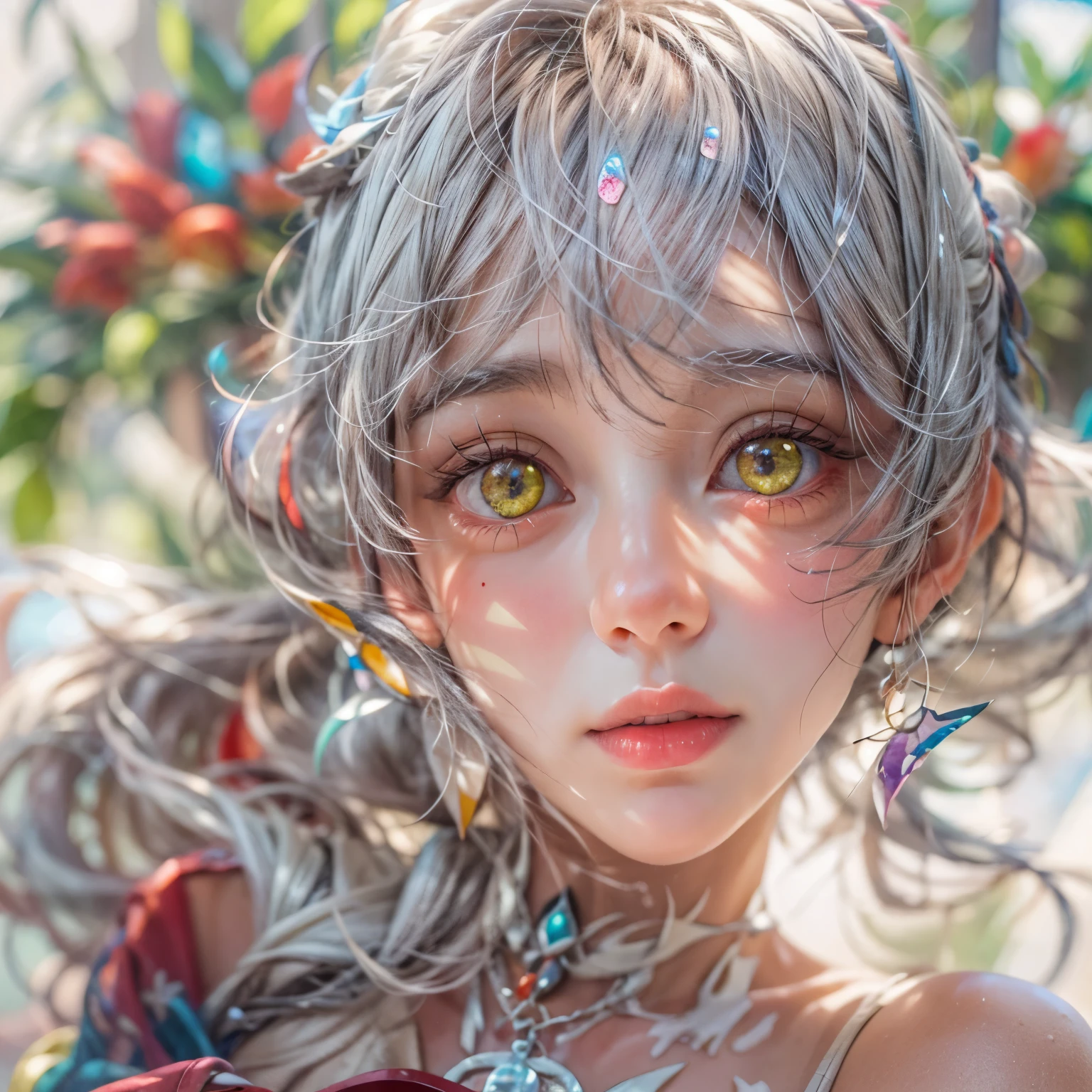 KAWAII girl in ((WHITE)) off shoulder, with Glossy RED lips, (Exposed:0.7), (nipple:-1), { Extremely closeup | Dynamic-angle }, ((Dazzling stained glass Background)), (( colorful Light pours down from stunning elaborate stained glass:1.2)), vivid Red colors . ((Acutance:0.8, physically-based 3D rendering with Volumetric lighting)), (masterpiece:1.2) of professional Analog photo with Hasselblad open aperture, (8K, ultra-detailed:1.35), (realistic, photorealistic, ((photo-realistic:1.37))with touch of rawness) . ((Renbutsu Misako)), (Extremely detailed KAWAII face variations, with Dynamic expressions), (detailed eyes with sparkling highlights), captivating gaze, long eyelashes, subtle blush on the face, rosy cheeks, impeccable ivory skin texture . { full of flowers covering girl's body | Mystic sight | God rays | haze | Light Particle | Luminous Particle | Lens Flare | A Halo in the air | Overflowing underboob | Button Undoned } . (((Large eyes:-1))) .