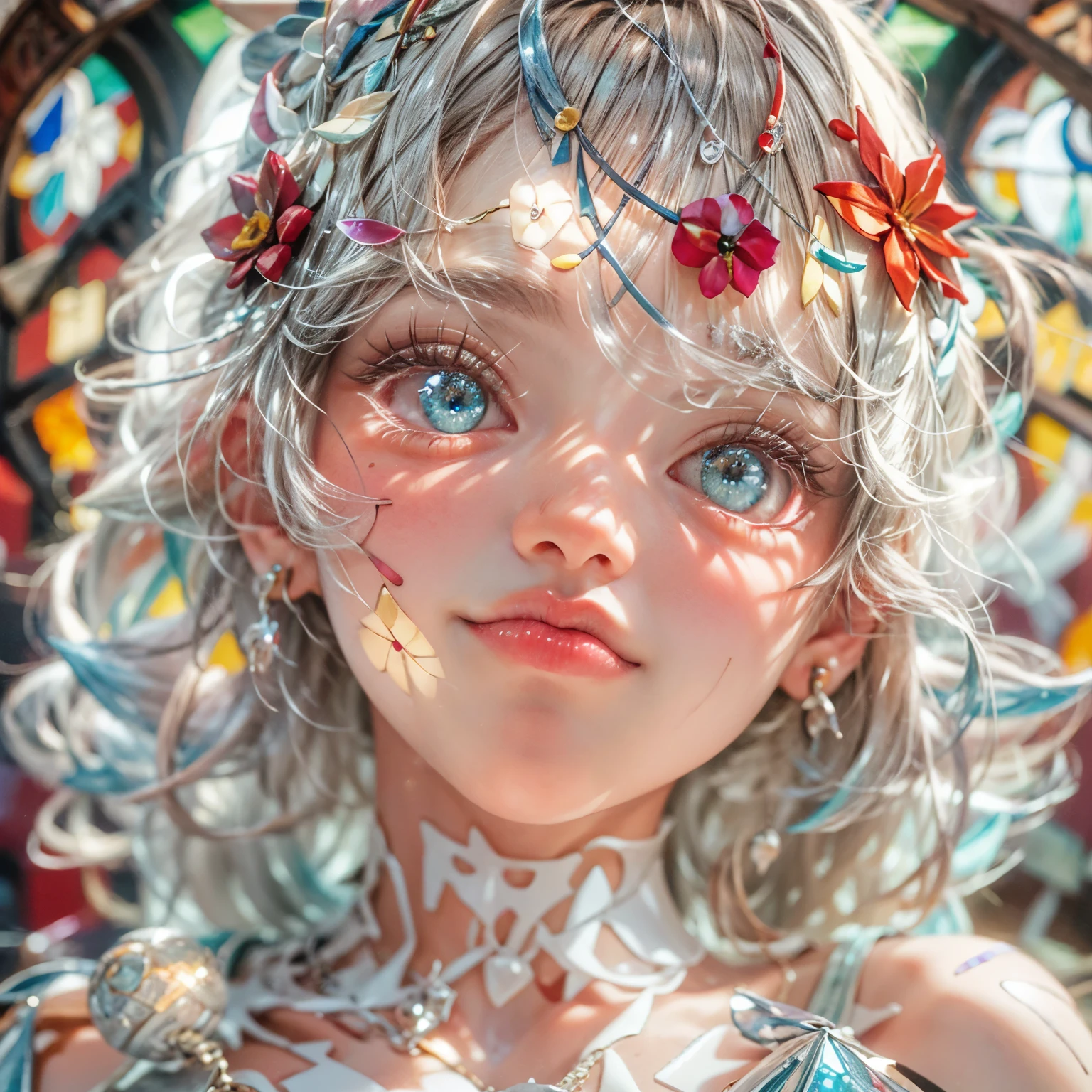 (SFW, Exposed:1.2), concept art, Tiny junior idol, Delicate lace knitted white clothes, (nipple:-0.9), (face closeup, (Dazzling stained glass Background)), (((Renbutsu Misako), vivid colorful Light shines through delicate stained glass:1.35, Dazzling Halo, Acutance:0.8)), {vivid red |Mystic sight | haze | lense Particle | lens flare | light Particle}. (masterpiece:1.2),(ultra-detailed:1.37),((realistic,photorealistic,photo-realistic:1.37)), (Extremely detailed KAWAII face variations, innocent expression variations), {rosy cheeks | intricate detailed eyes with sparkling highlights | long eyelashes with volume | subtle blush on the face}. impeccable skin texture, captivating gaze, ((Dynamic-angle, physically-based rendering)), whole Body proportions and all limbs are anatomically accurate . full of flowers covering girl's body . (((smaller eyes)))