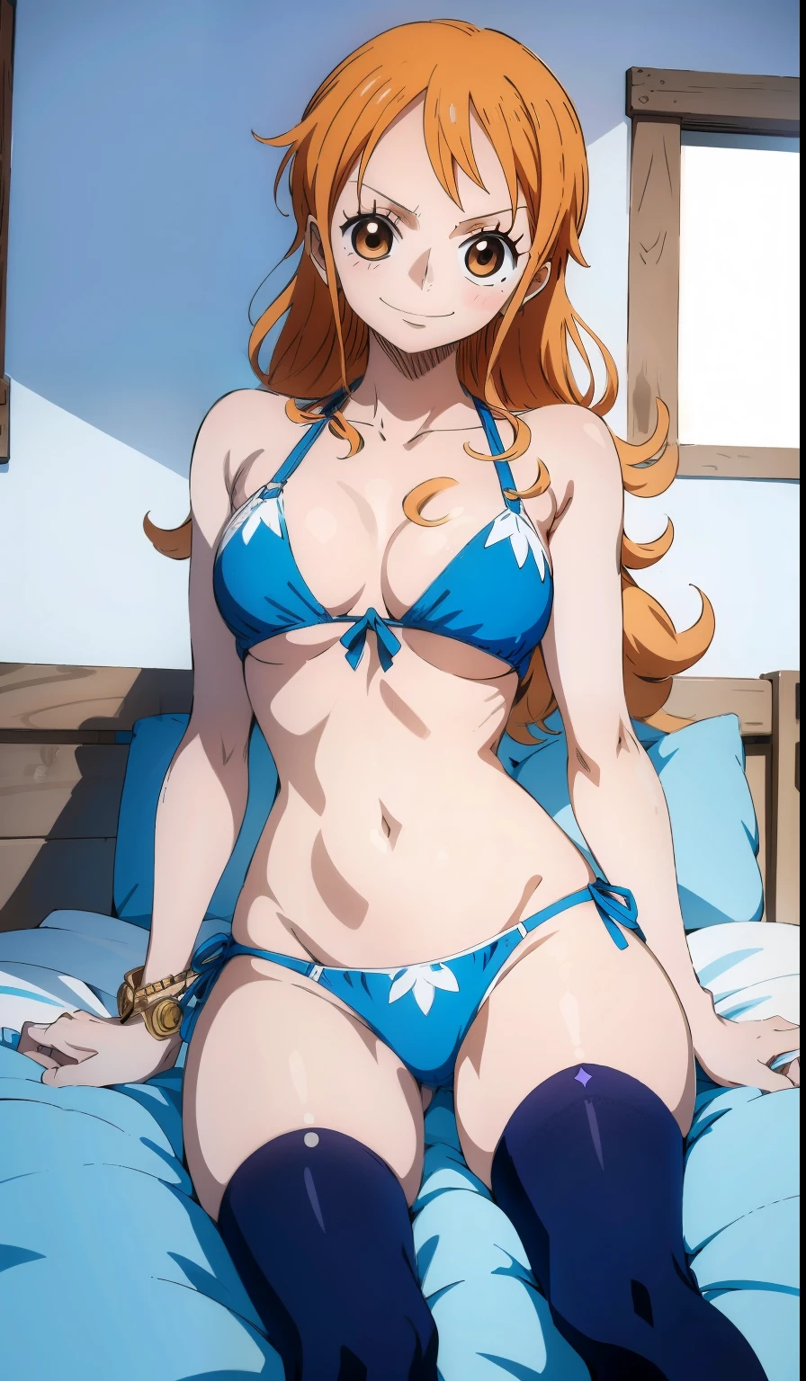 Nami from one piece, Sleeping on bed, realistic, she is wearing bikini underwear. She has a nice thick ass, transparent panties