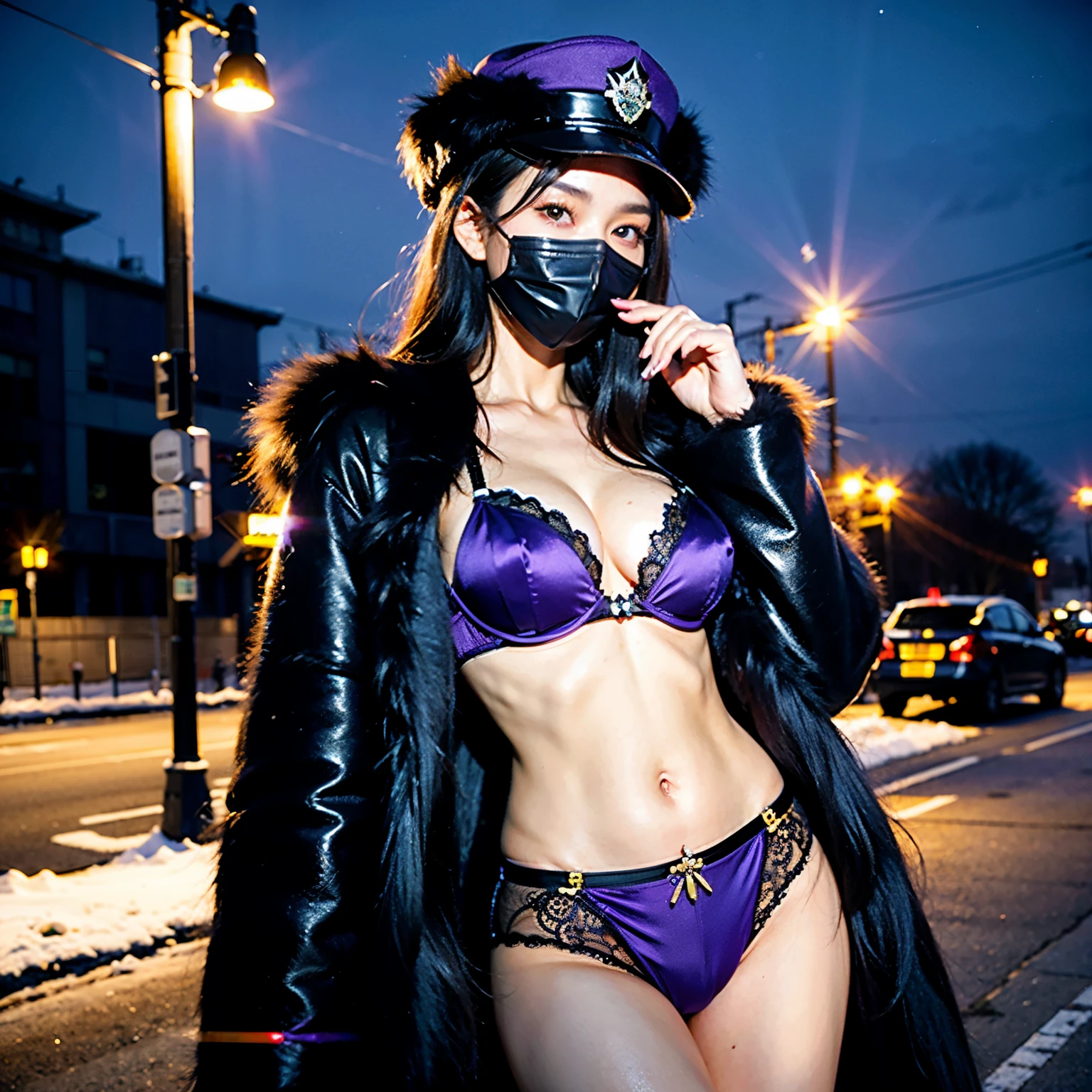 ((highest quality))，8k wallpaper，((masterpiece)),                                                                                                   ((Female 1))，stand,she is a beautiful woman，((Black cop hat))，((view audience)),Camera flash reflecting in the pupil，((very detailed facial details))，((outer:long sleeve black fur coat)),((inner:Black and purple bra))，((cleavage))，exposed abdomen，((I can see her black and purple panties))，exposed thighs，black boots，whole body，gorgeous beauty，super beautiful girl，Korean models，                                                                                                                               Snowy city in the background，a lot of snow，night，street light.