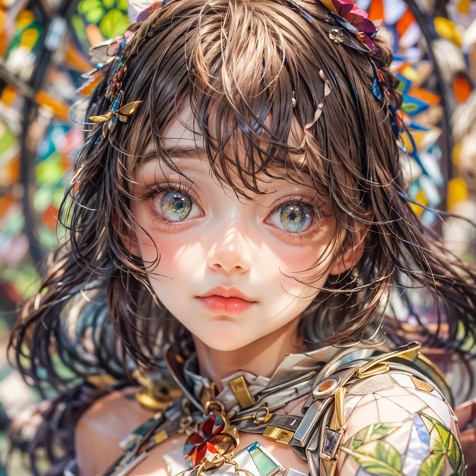 KAWAII girl in ((WHITE)) off shoulder, with Glossy RED lips, (Exposed:0.7), (nipple:-1), { Extremely closeup | Dynamic-angle }, ((Dazzling stained glass Background)), (( colorful Light pours down from stunning elaborate stained glass:1.2)), vivid Red colors . ((Acutance:0.8, physically-based 3D rendering with Volumetric lighting)), (masterpiece:1.2) of professional Analog photo with Hasselblad open aperture, (8K, ultra-detailed:1.35), (realistic, photorealistic, ((photo-realistic:1.37))with touch of rawness) . ((Renbutsu Misako)), (Extremely detailed KAWAII face variations, with Dynamic expressions), (detailed eyes with sparkling highlights), captivating gaze, long eyelashes, subtle blush on the face, rosy cheeks, impeccable ivory skin texture . { full of flowers covering girl's body | Mystic sight | God rays | haze | Light Particle | Luminous Particle | Lens Flare | A Halo in the air | Overflowing underboob | Button Undoned } . (((Large eyes:-1))) .