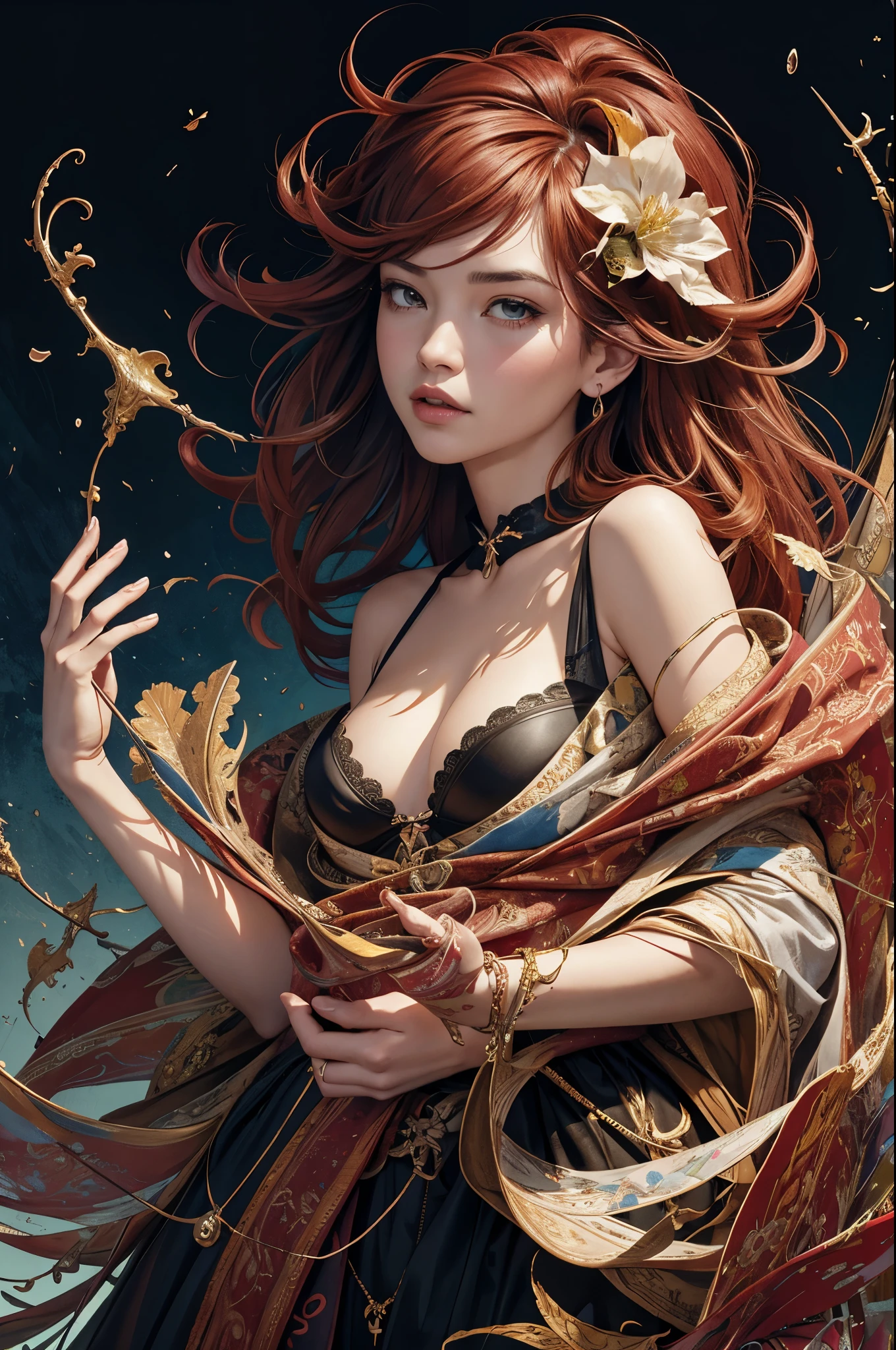 offcial art,8k wallpaper,ultra - detailed,Beauty and aesthetics,tmasterpiece,Best quality at best,(tangled,datura,Tangles,entangled),(s fractal art:1.3),1 sister,The content is very detailed,dynamic angle,cow boy shooting,Chaos in its most beautiful form,Elegant,Fauvistdesign,Vibrant colors,𝓡𝓸𝓶𝓪𝓷𝓽𝓲𝓬,JamesJean,roby dwi antono,ross tran,French bacon,Michael Mraz,Adrian Genius,petra cortright,Gerhard Richter,Takato Yamamoto,Ashley Wood,Atmospheric,A note of ecstasy,streaming musical notes visible,