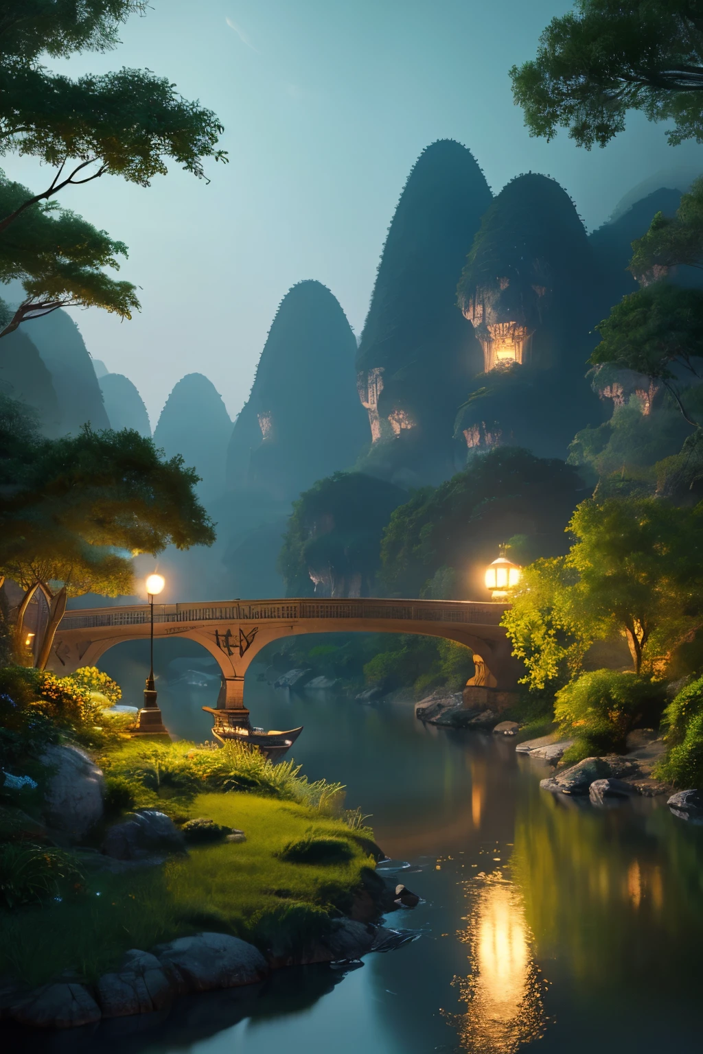Guilin landscape, magnificent clean and well-lit sci-fi facility, river and forest, intricate, elegant, volumetric lighting, digital painting, highly detailed, art station, keen focus, happy mood, illustration, concept art, Ruan Jia, Steve McCurry, highly detailed