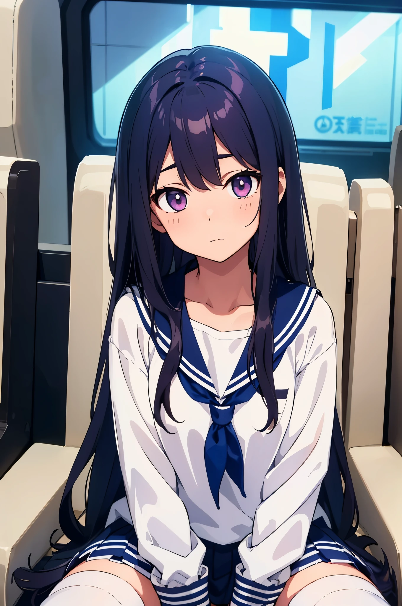 Inside the cinema　暗いInside the cinema　elementary school girl　8-year-old　flat chest　black hair　long hair　eyes are purple　（（1 person））　Upper body white long sleeve sailor suit　Lower Body Navy Blue Miniskirt　white panties　white socks　sports boots　Lying down on a wide seat in a movie theater　スカートをたくし上げてwhite pantiesを見せている　dynamic angle　Angle centered on panties seen from the front