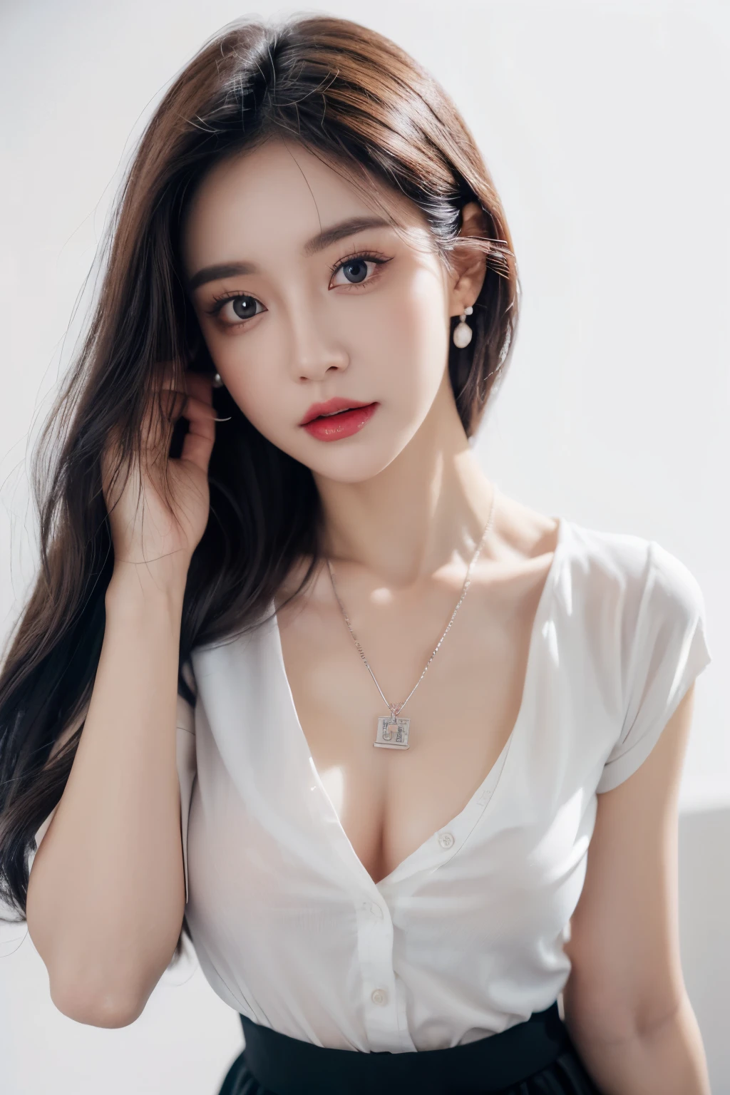 a woman, beautiful, amazing face and eyes, cosmetic,(Extremely detailed beautiful face), (The sexiest pose), (best quality), (Super detailed), (Extremely detailed CG unified 8k wallpaper), (standing), (pure white background),(black hair),(big eyes),(Soft light source),(small breasts),red glossy lips,Wearing pendant, White button up shirt,Black skirt,(The character is centered)